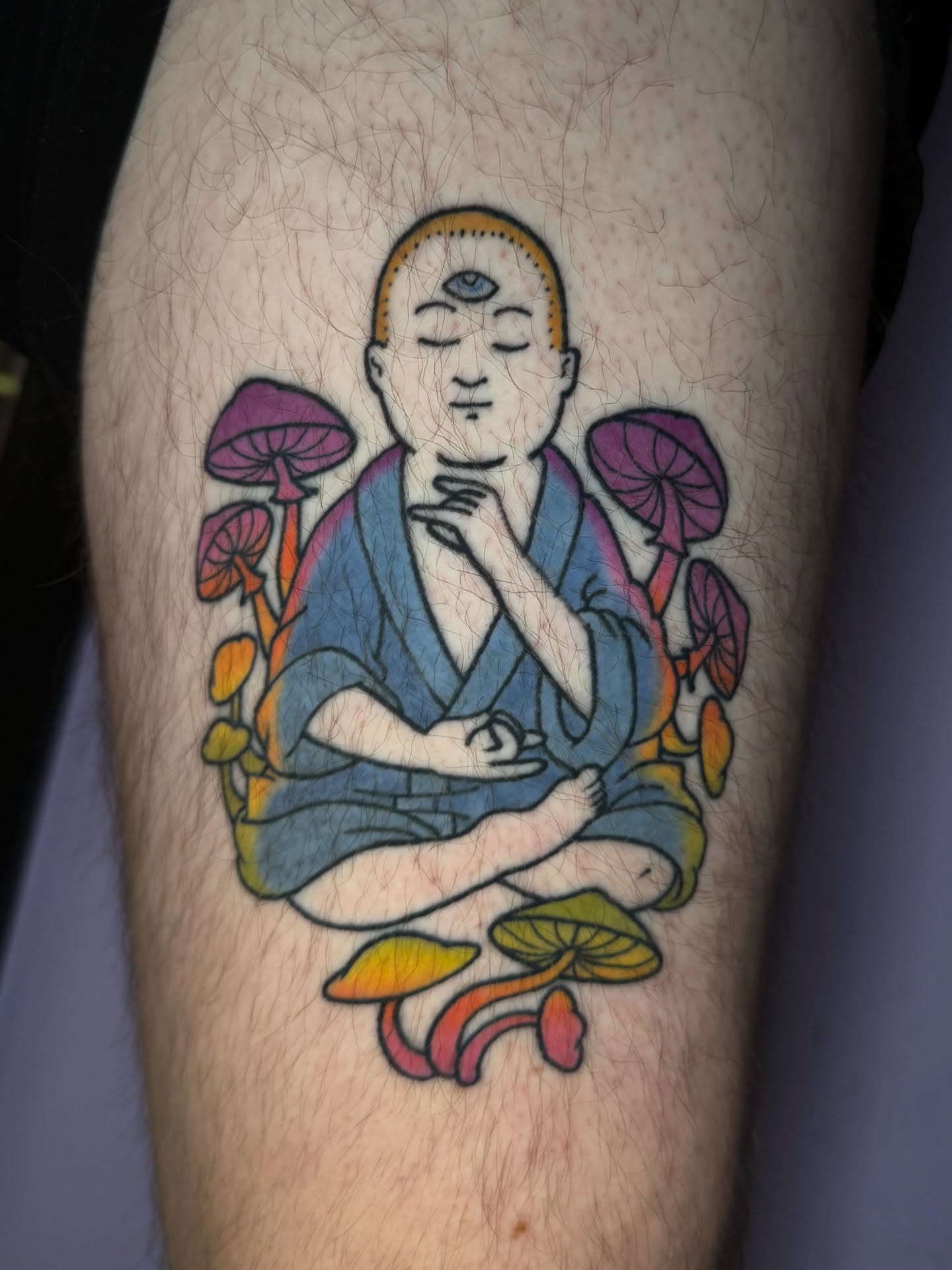 Meditating monk dotwork tattoo on the thigh by 🍄Annie Burkhard🍄, Indianapolis, Indiana