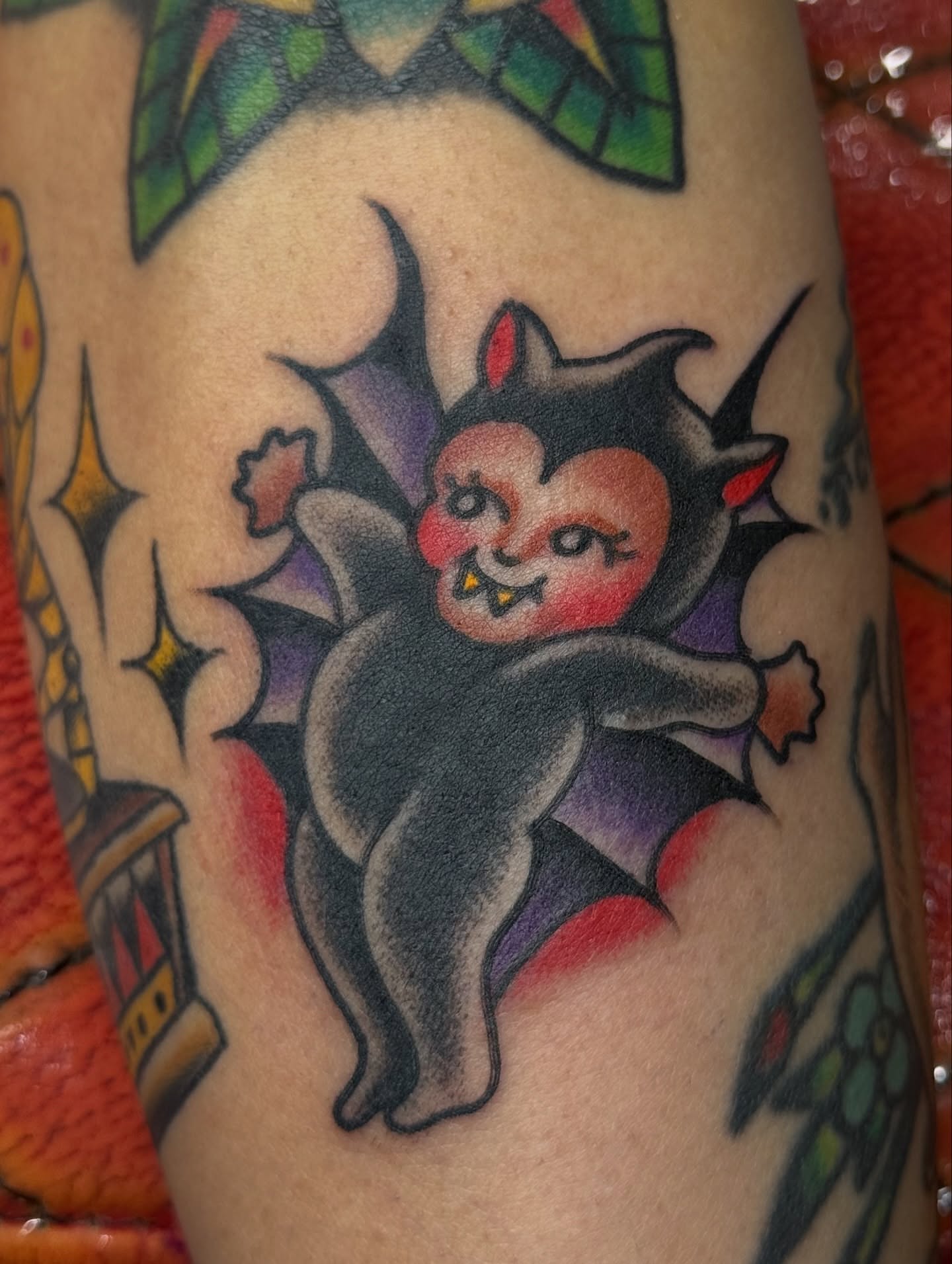 Vampire cat American traditional tattoo on the forearm by Ben Karnofsky