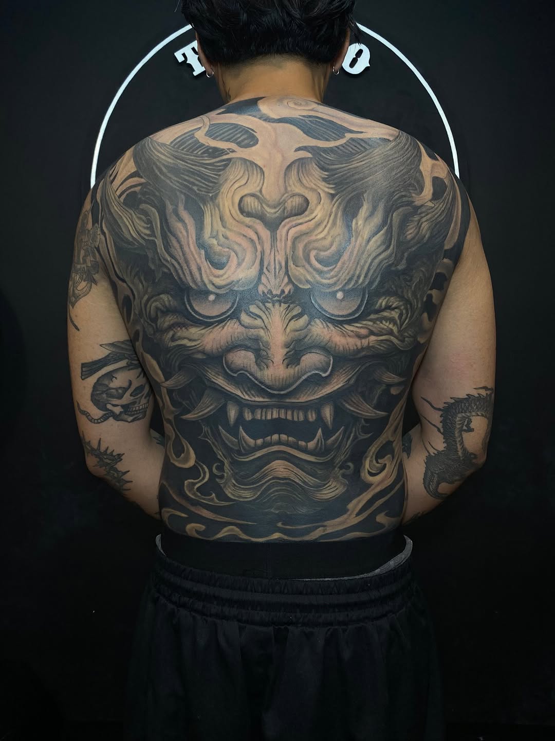 Oni mask Japanese tattoo on the back by Ferds Villanueva