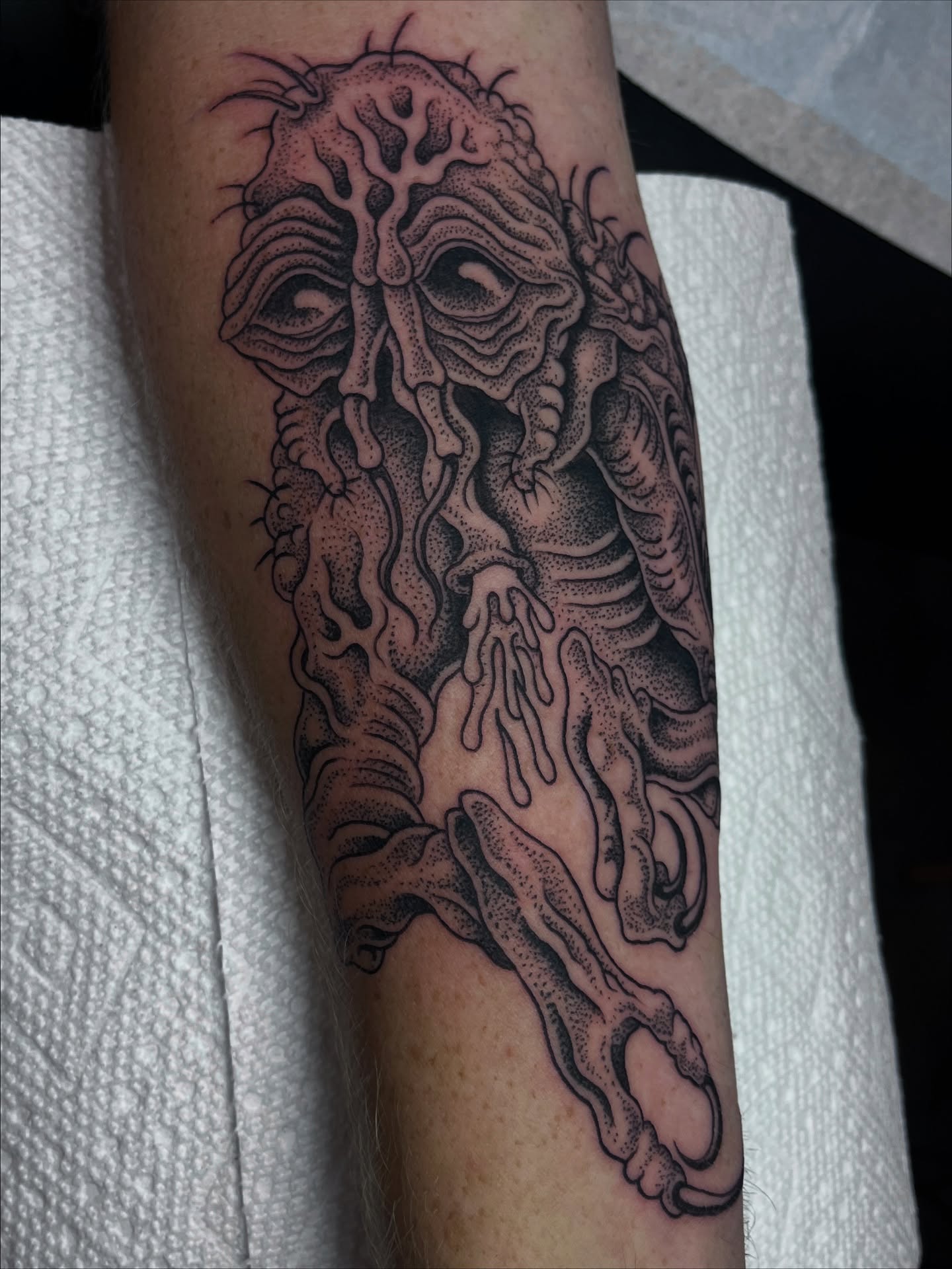 Monster dotwork tattoo on the forearm by ☠︎ ︎𝗘𝗩𝗔 ☠︎︎
