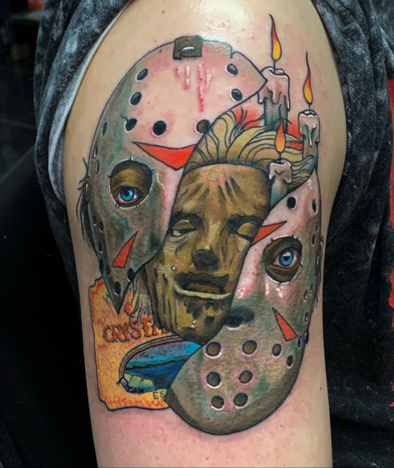 Jason voorhees American traditional tattoo on the shoulder by Monica Amneus
