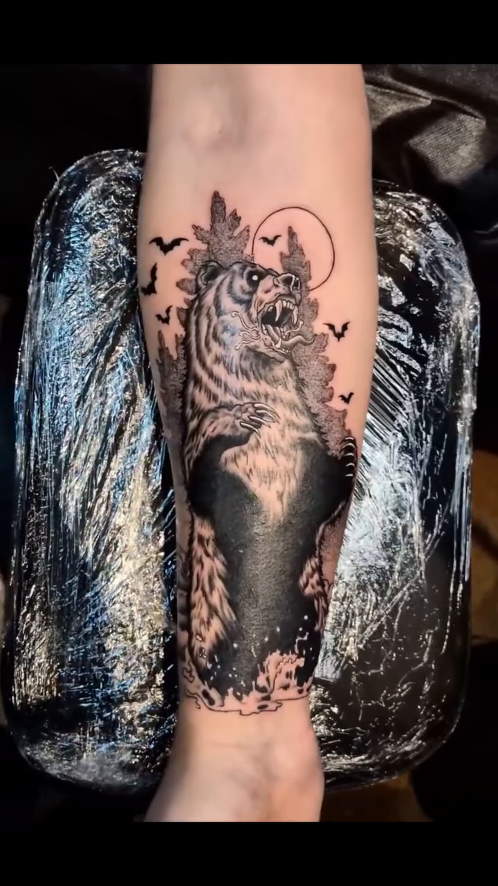 Owl with moon and bats realism tattoo on the forearm by Damon 🥀