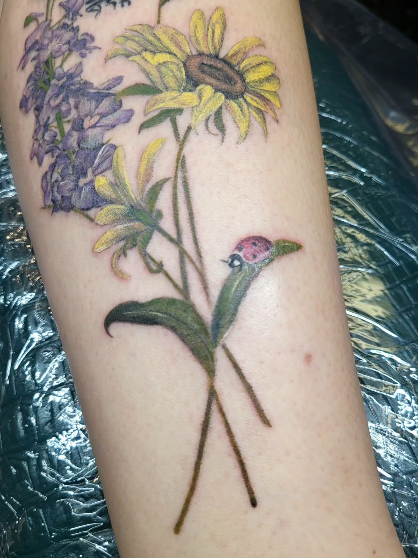 Flowers and ladybug realism tattoo on the forearm by Jenna 🖤 Tattoos Denton TX