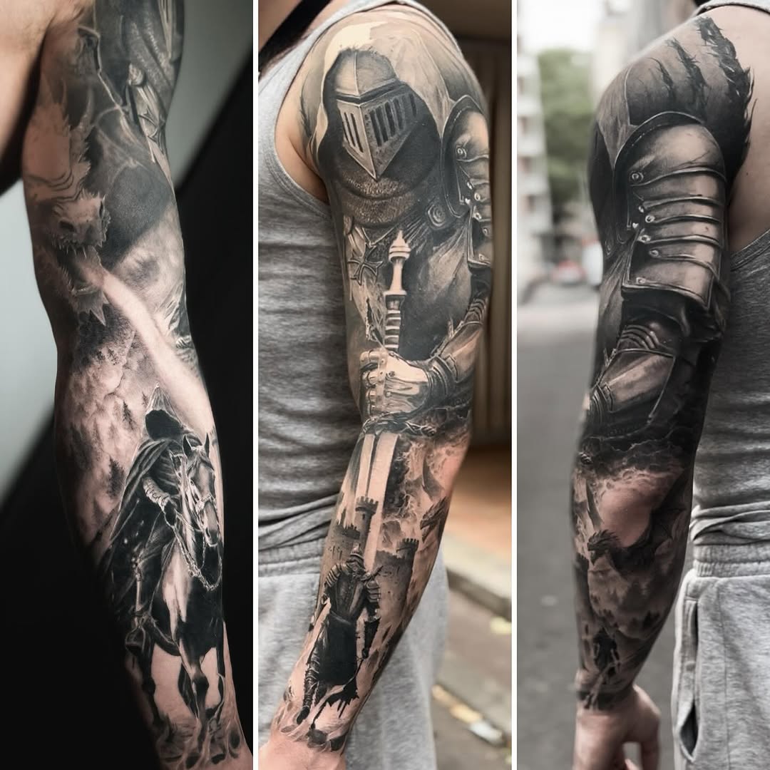 Knight and dragon sleeve realism tattoo on the forearm by Eltche Art Tattoo