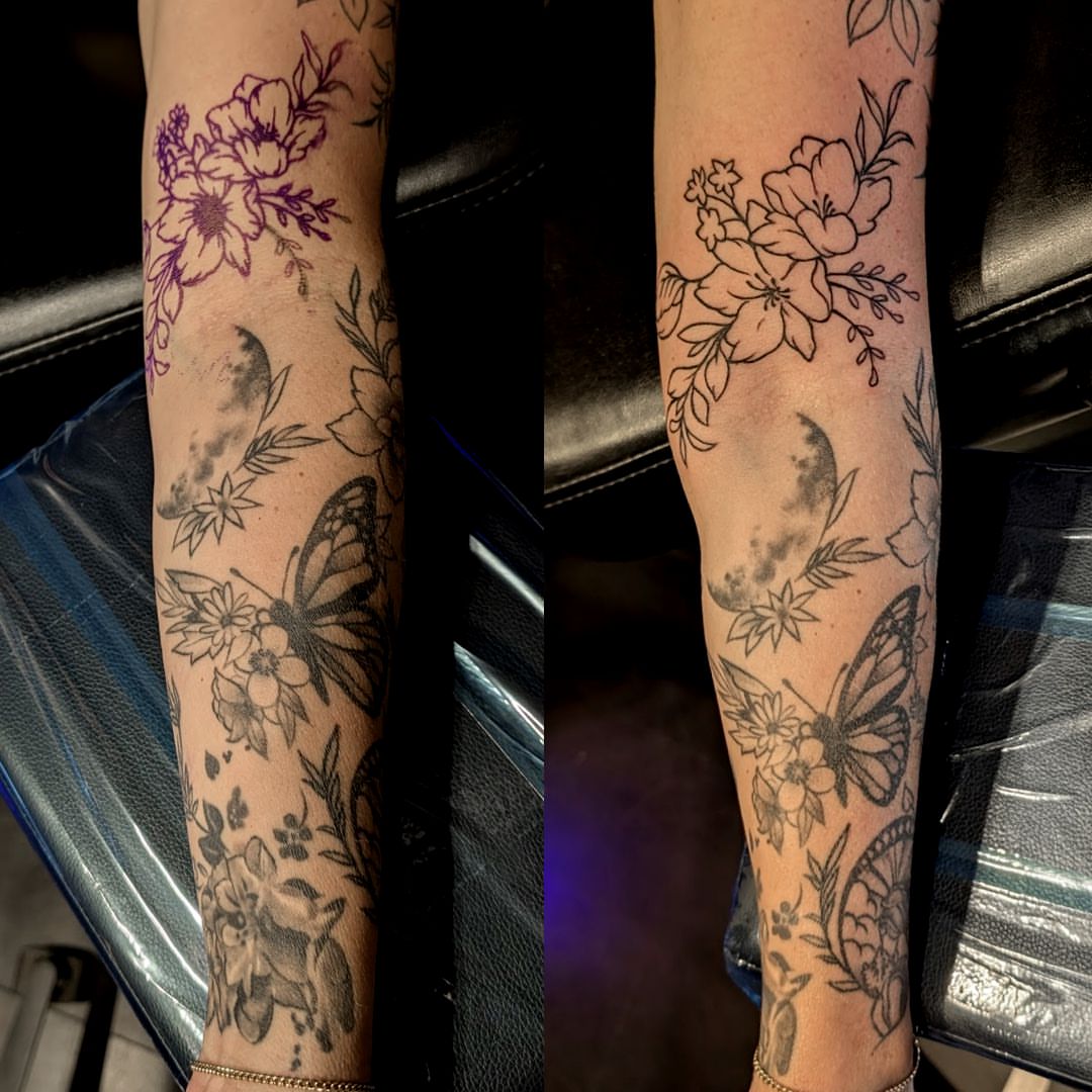 Flowers and butterfly black and grey tattoo on the forearm by Dave Chercourt, Willoughby, Ohio