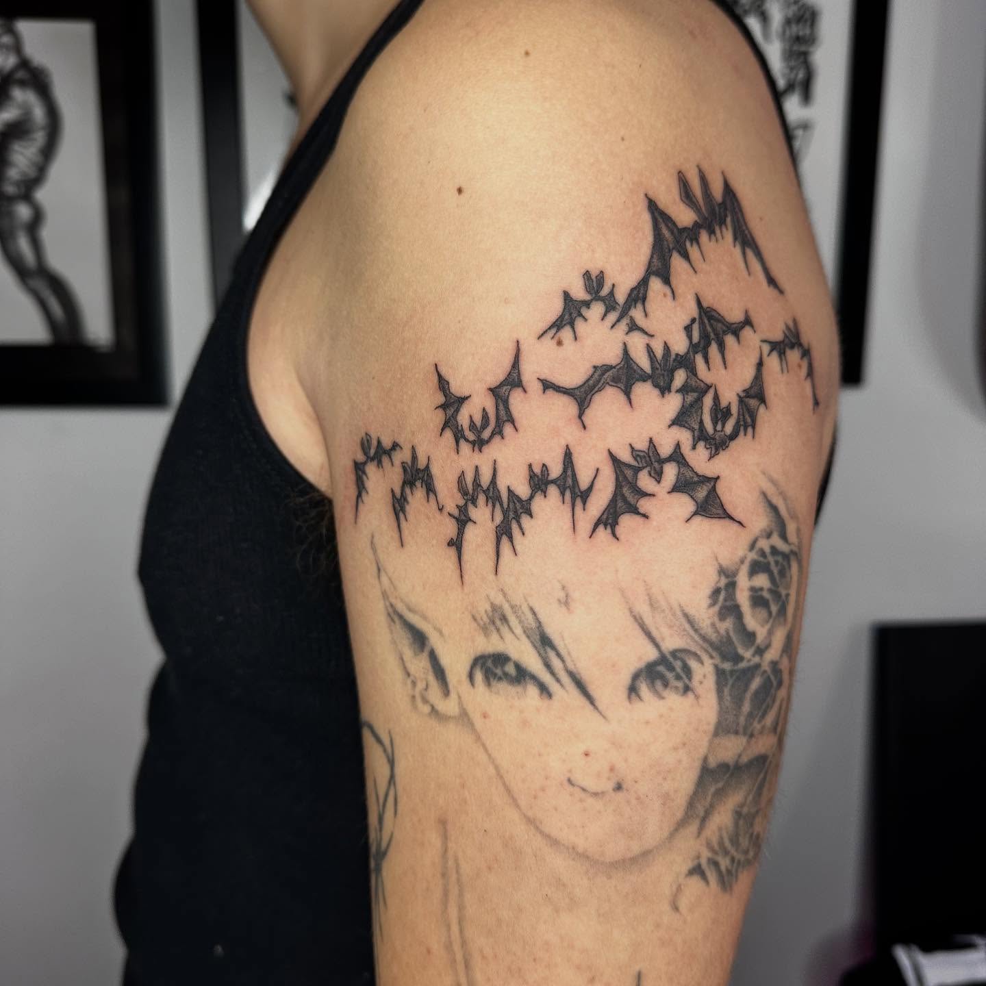 Tattoo by @madonna_the_slut — black_and_grey, anime