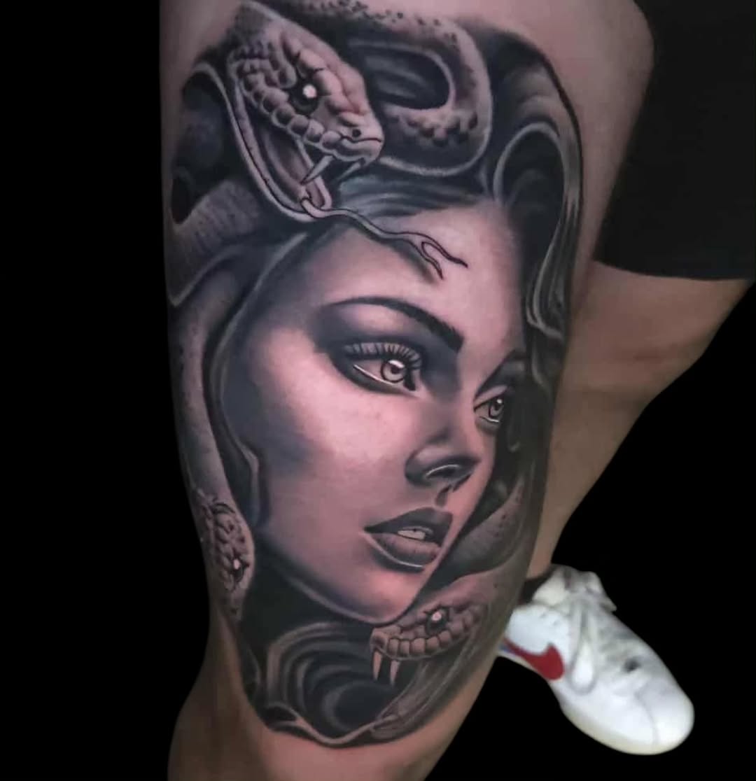 Tattoo by @bigcdotatts — black_and_grey, realism