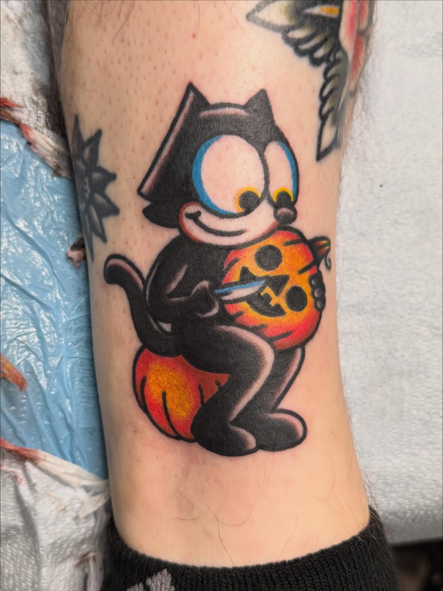 Felix the cat American traditional tattoo on the forearm by Bill Crawford, Plymouth, Michigan