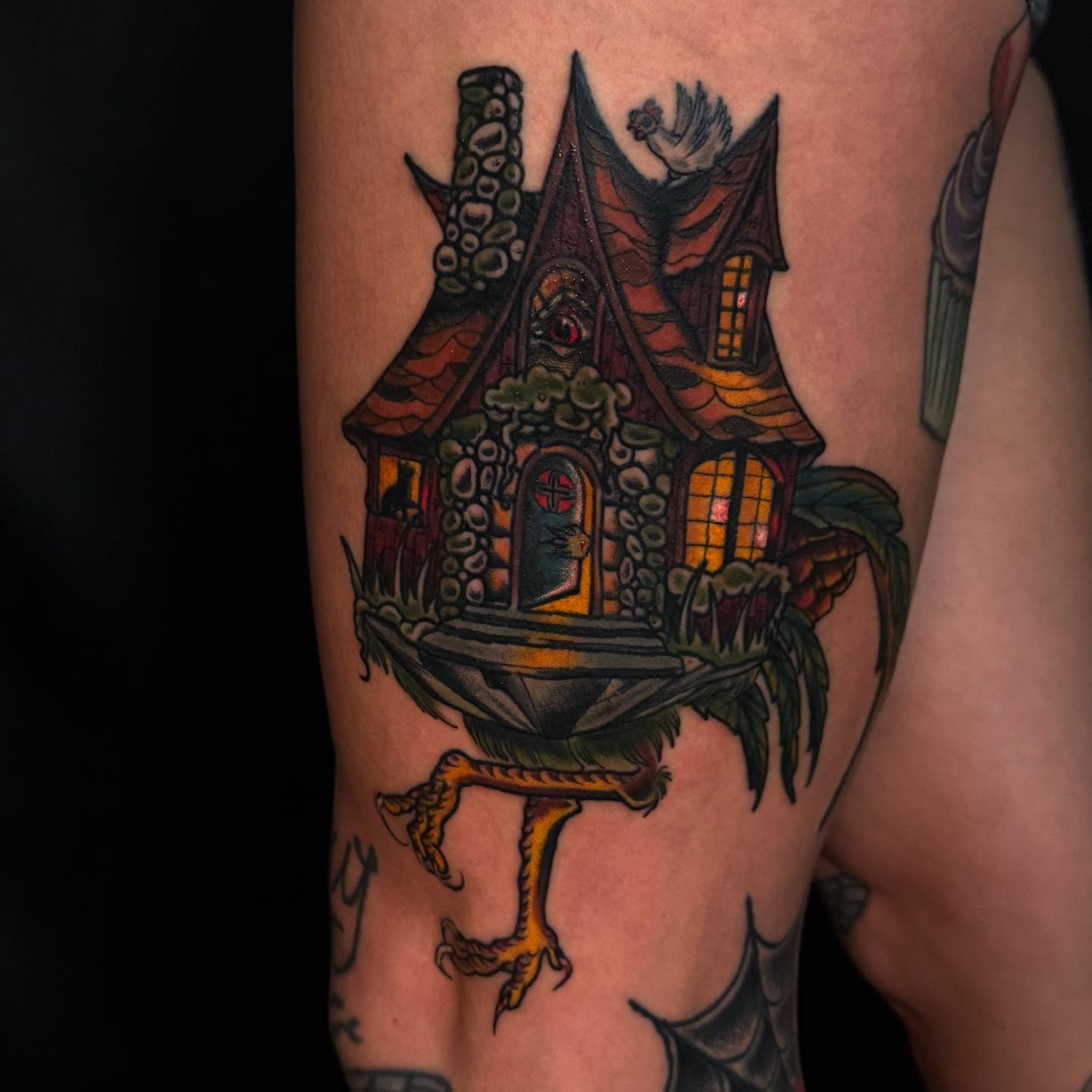 Haunted house American traditional tattoo on the forearm by Jacie Aasen-Lupino