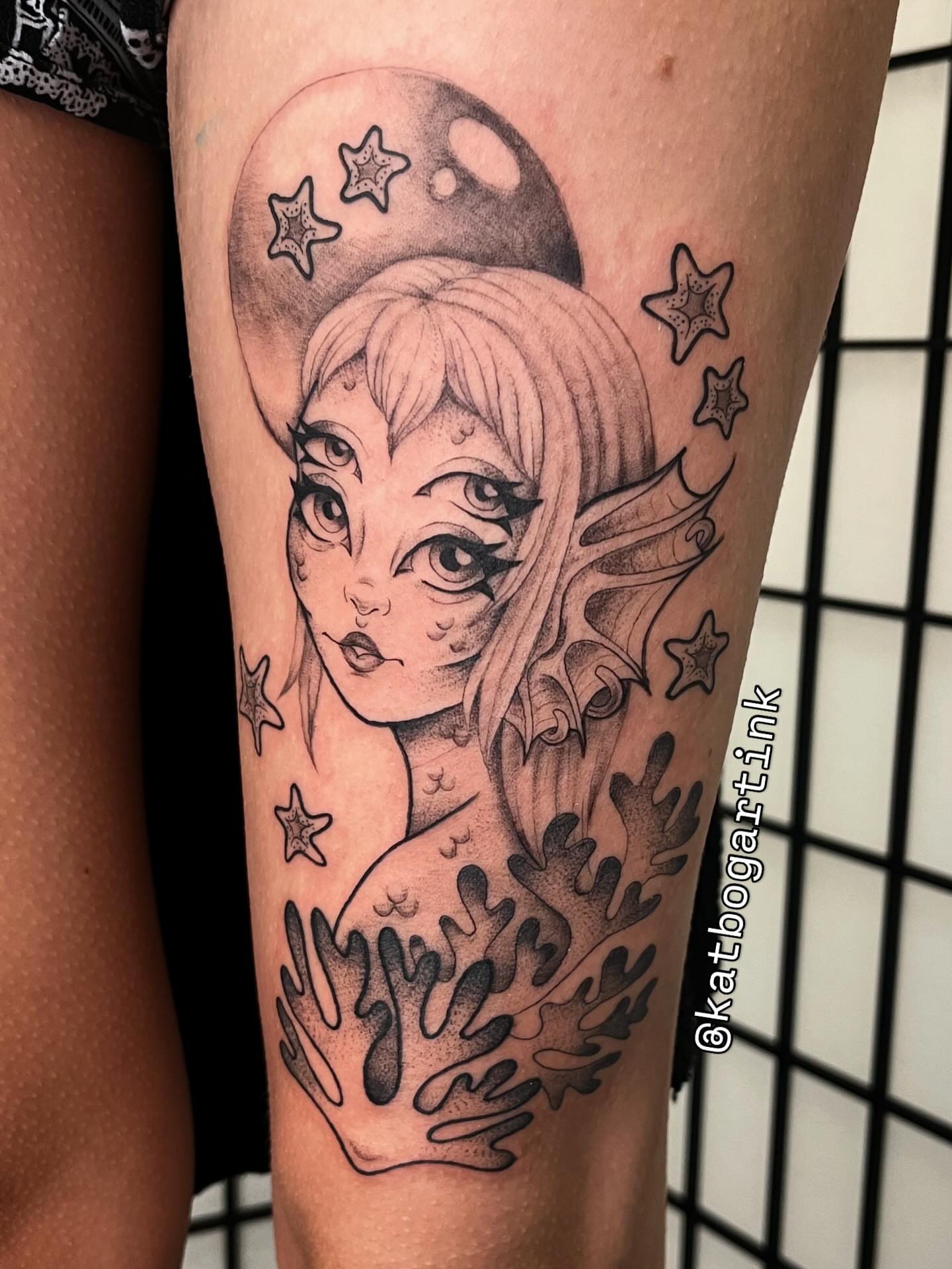 Elf-like fairy dotwork tattoo on the forearm by Kat (Scout) Bogart