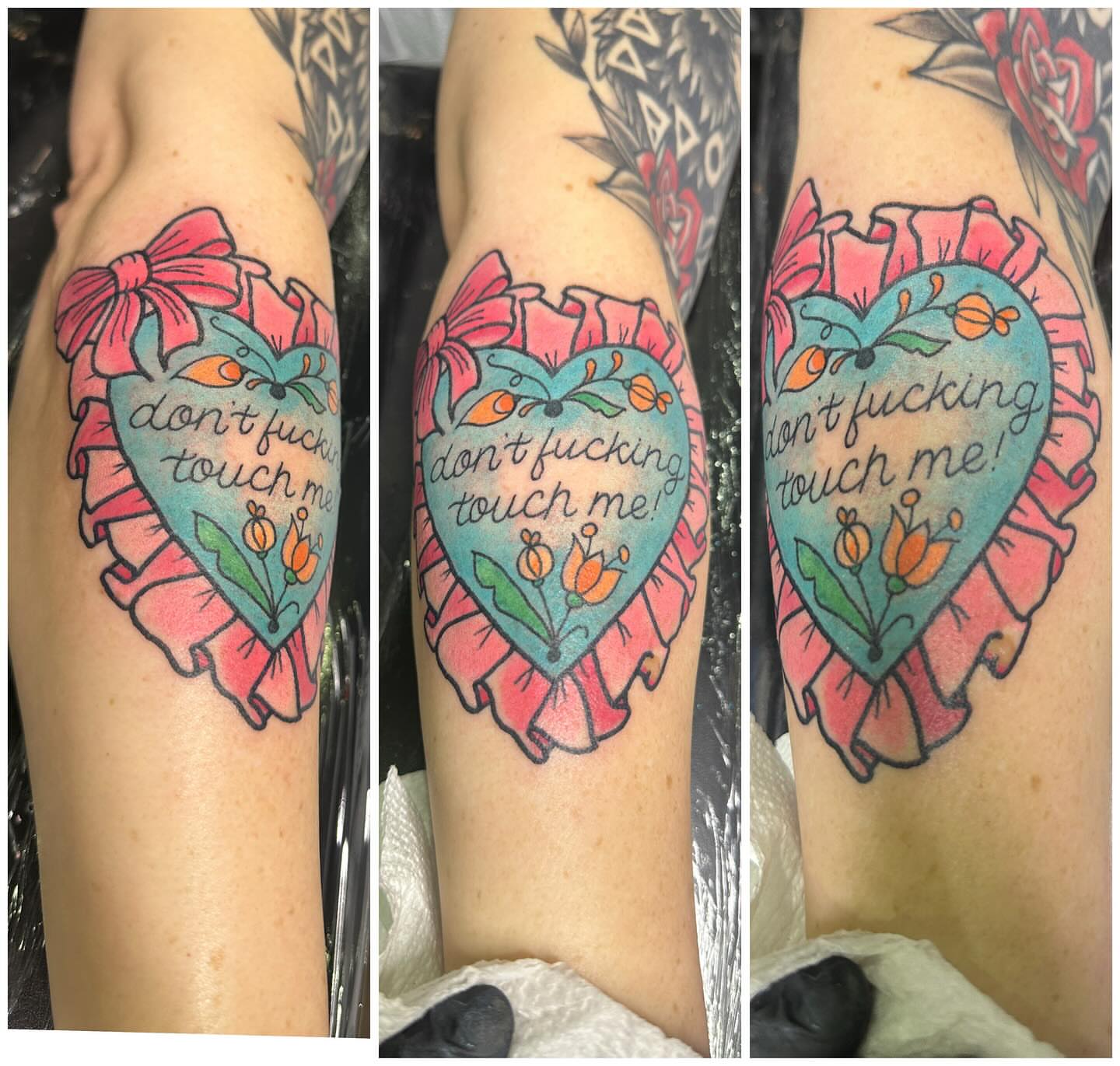 Broken heart with floral design American traditional tattoo on the forearm by Andrea Lynne Hastings-Craven Tattoo Artist, Cleveland, Ohio