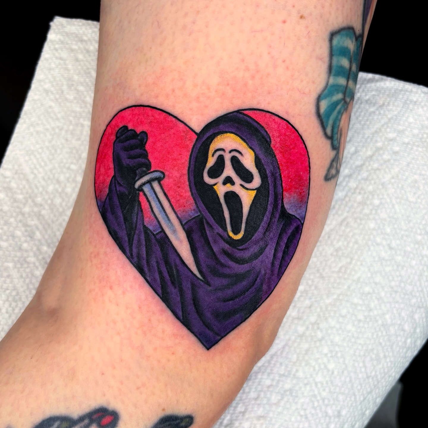 Ghostface neo-traditional tattoo on the forearm by Randy Conner, Portland, Oregon