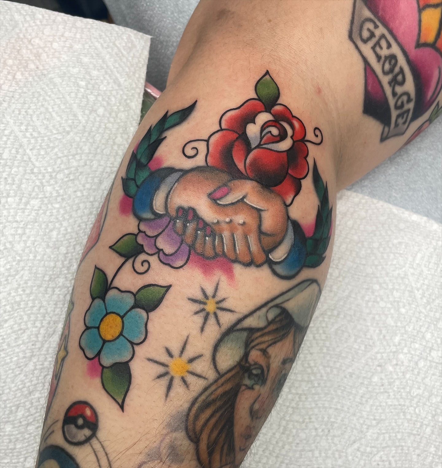 Handshake and rose American traditional tattoo on the forearm by ☆ Sammy ☆