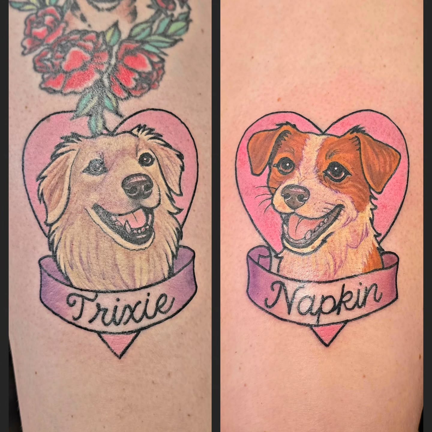 Dog portraits realism tattoo on the forearm by Steve Atkinson Tattoo Artist