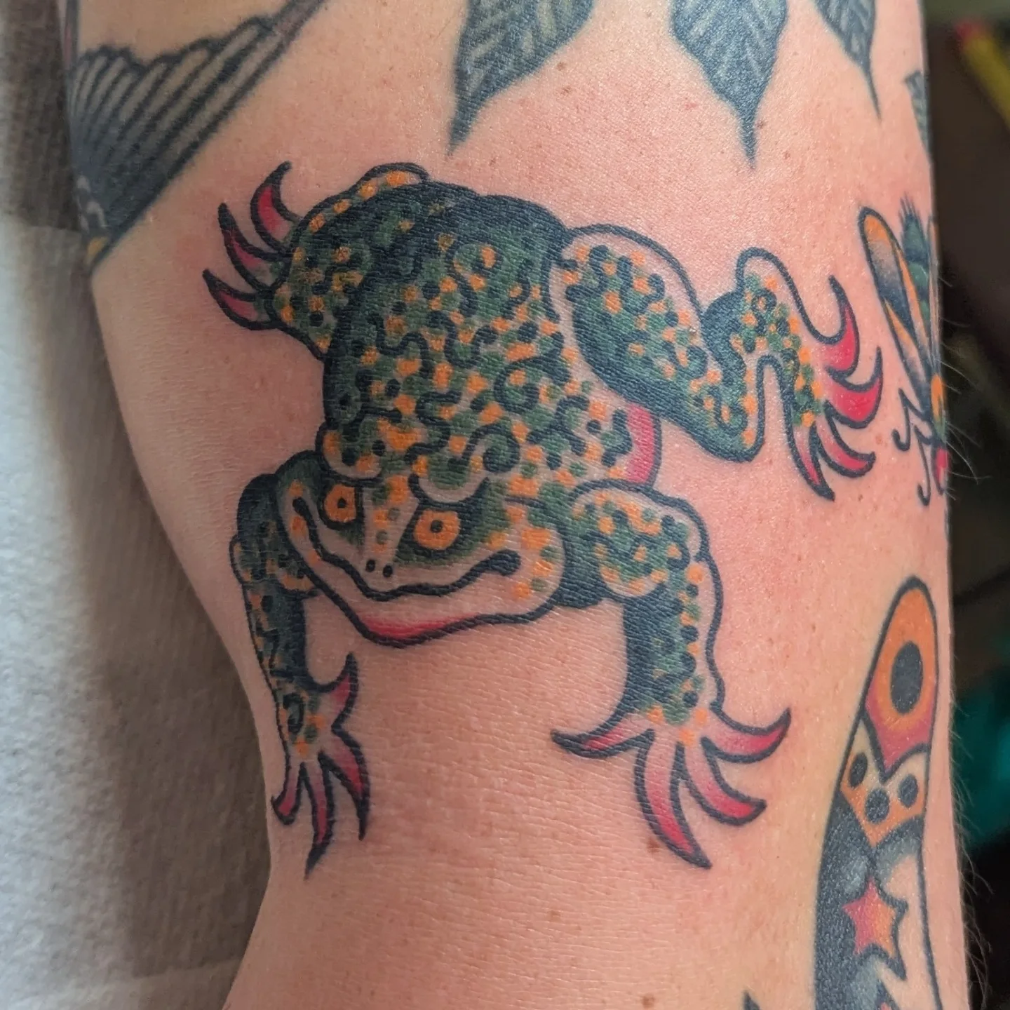 Frog American traditional tattoo on the forearm by Zack Mueller