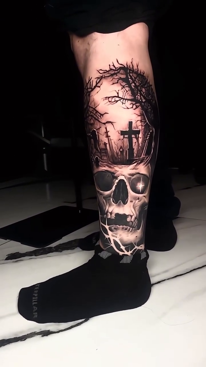 Skull with graveyard and thorny branches dark realism tattoo by Mariella Elizabeth Paul ππ€