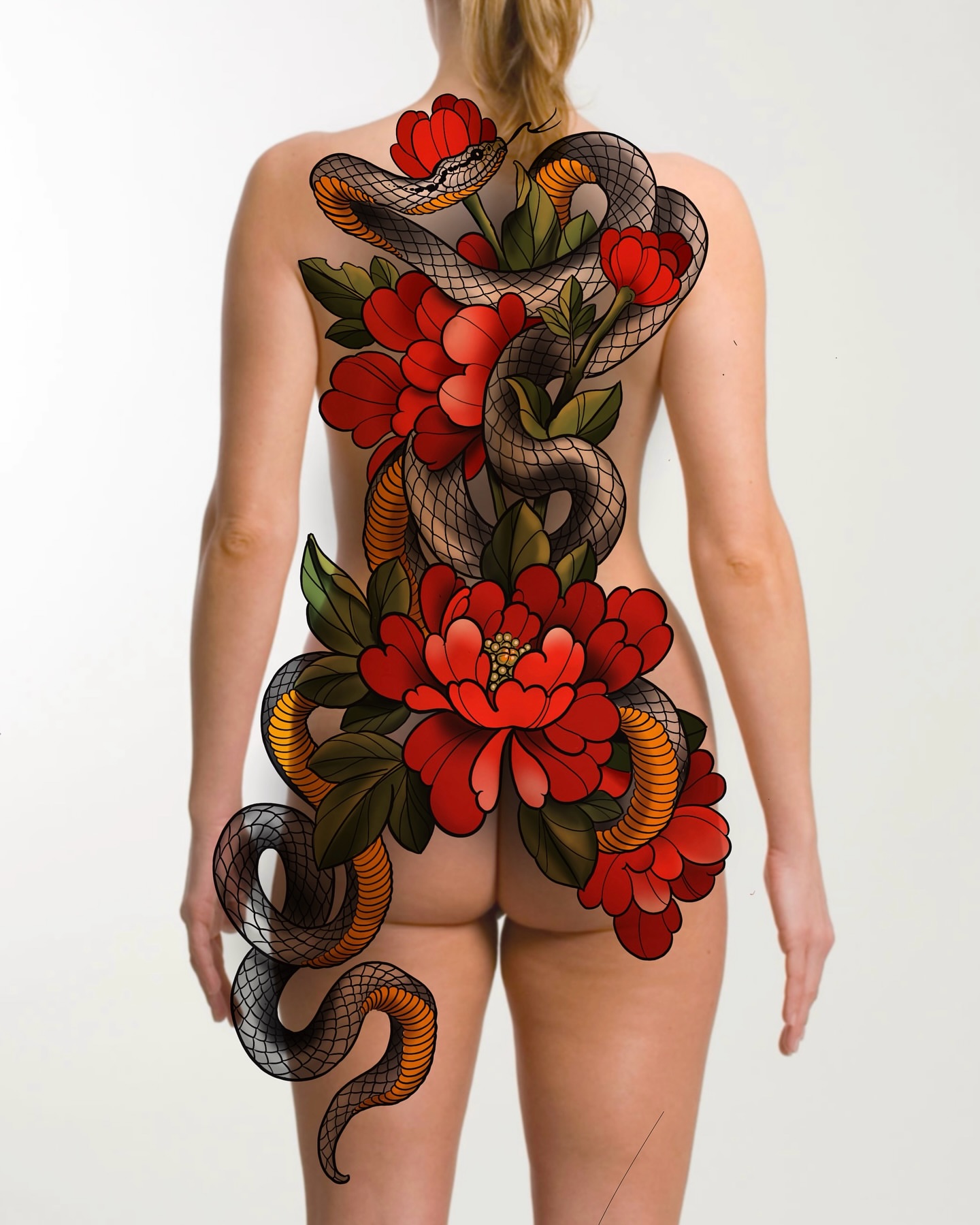 Snake and peony American traditional tattoo on the back by Lorenzo Lopez