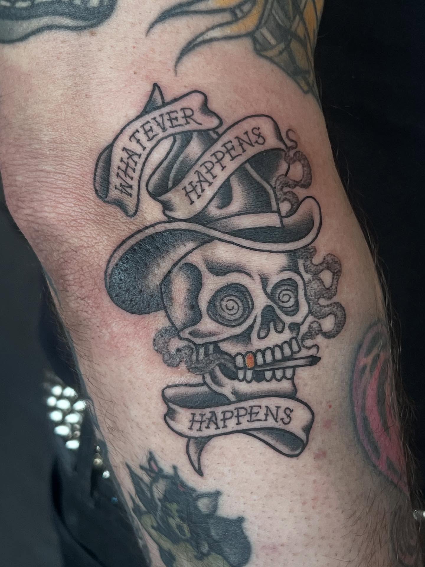 Skull with top hat American traditional tattoo on the forearm by Siërra Nicole, Minneapolis, Minnesota