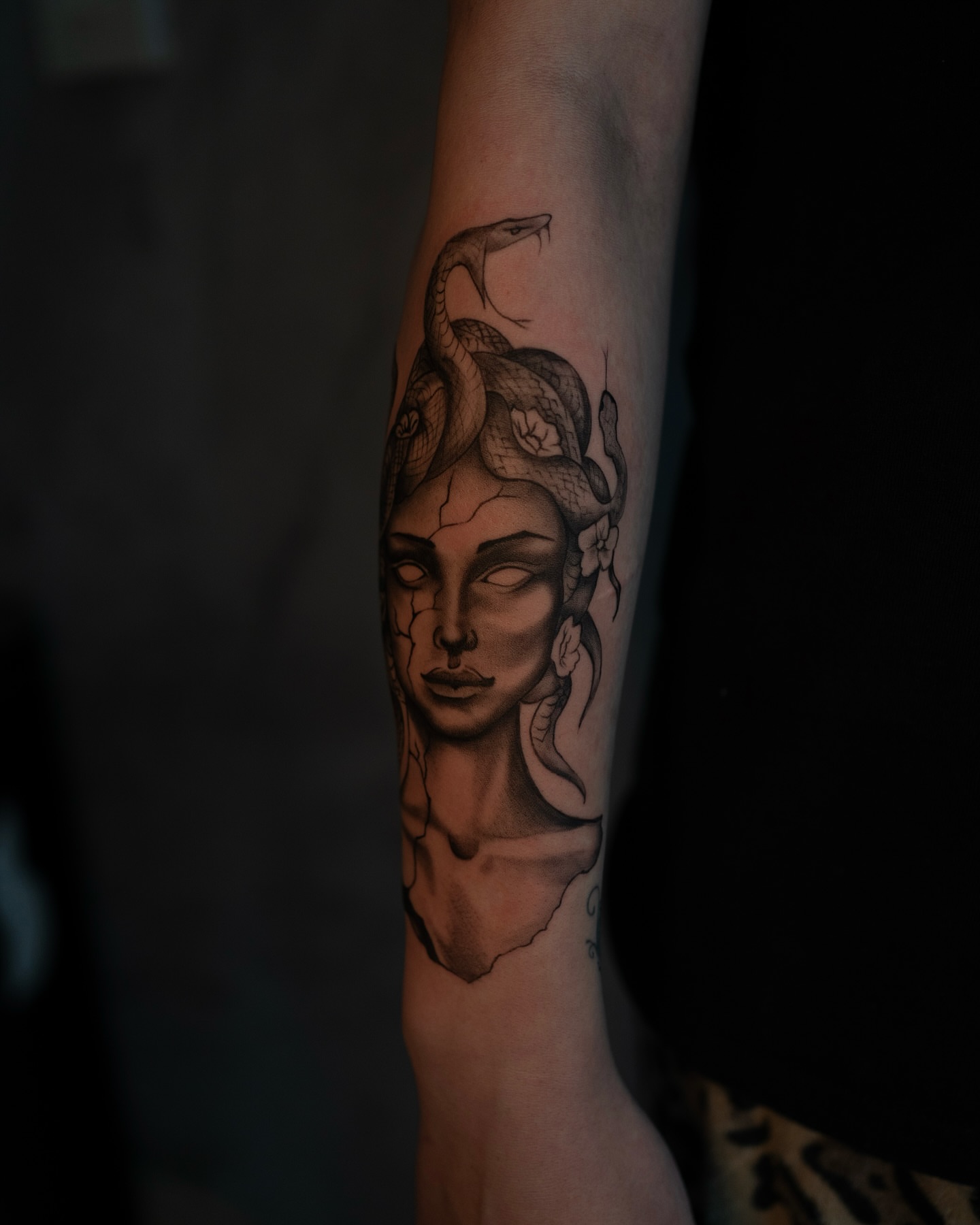 Medusa realism tattoo on the forearm by Damon Valdez