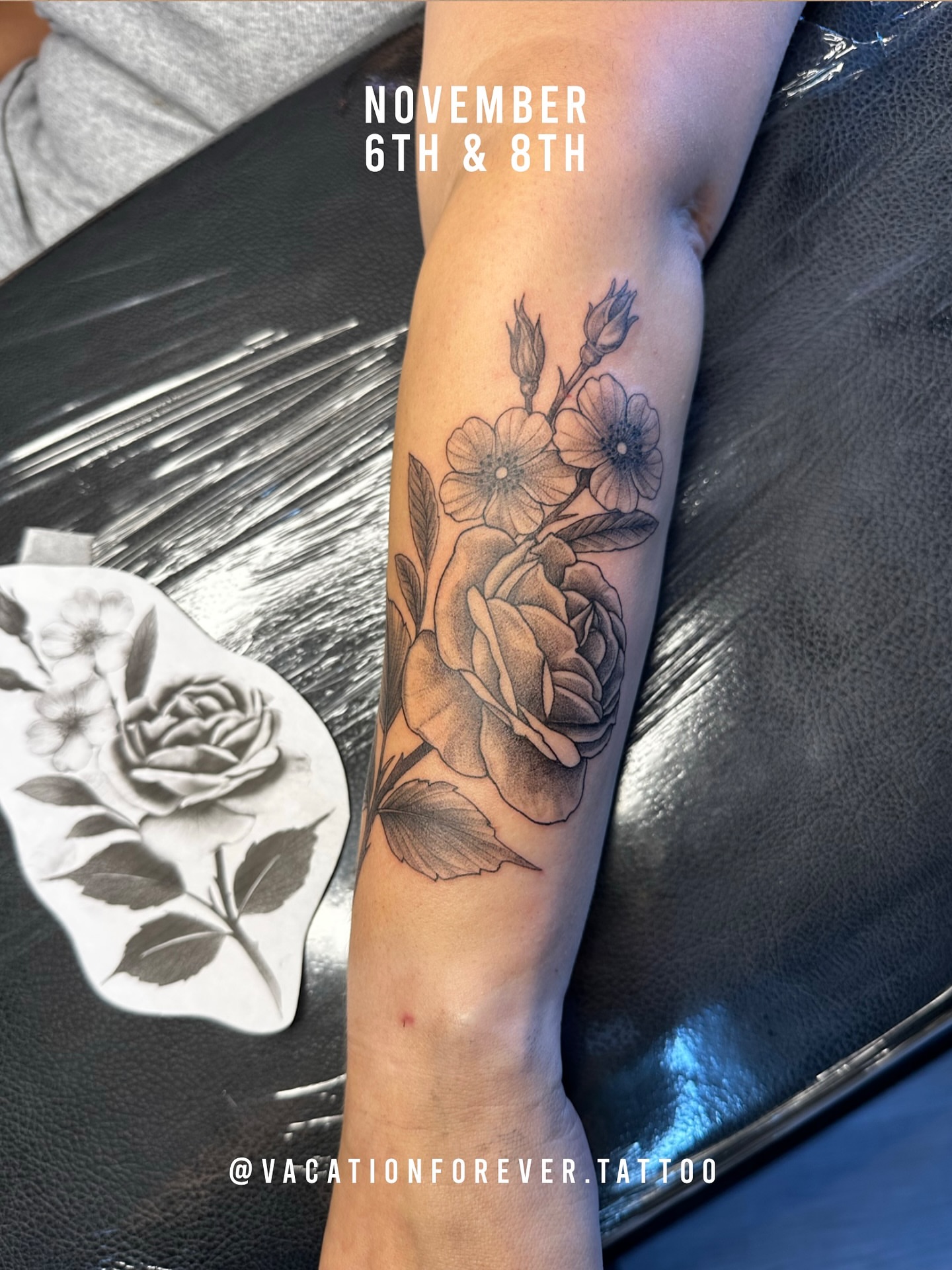 Flower bouquet black and grey tattoo on the forearm by Emma Thompson