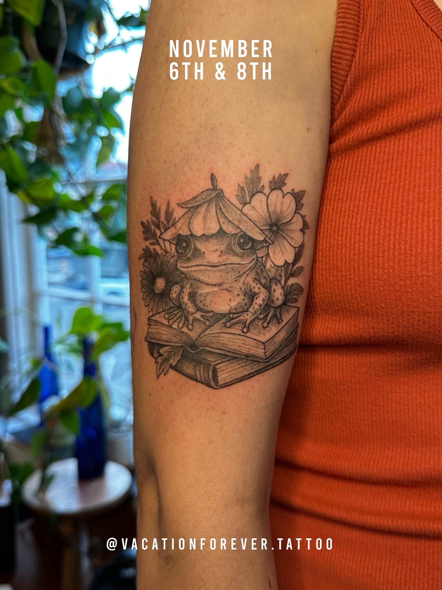 Frog reading book realism tattoo on the forearm by Emma Thompson