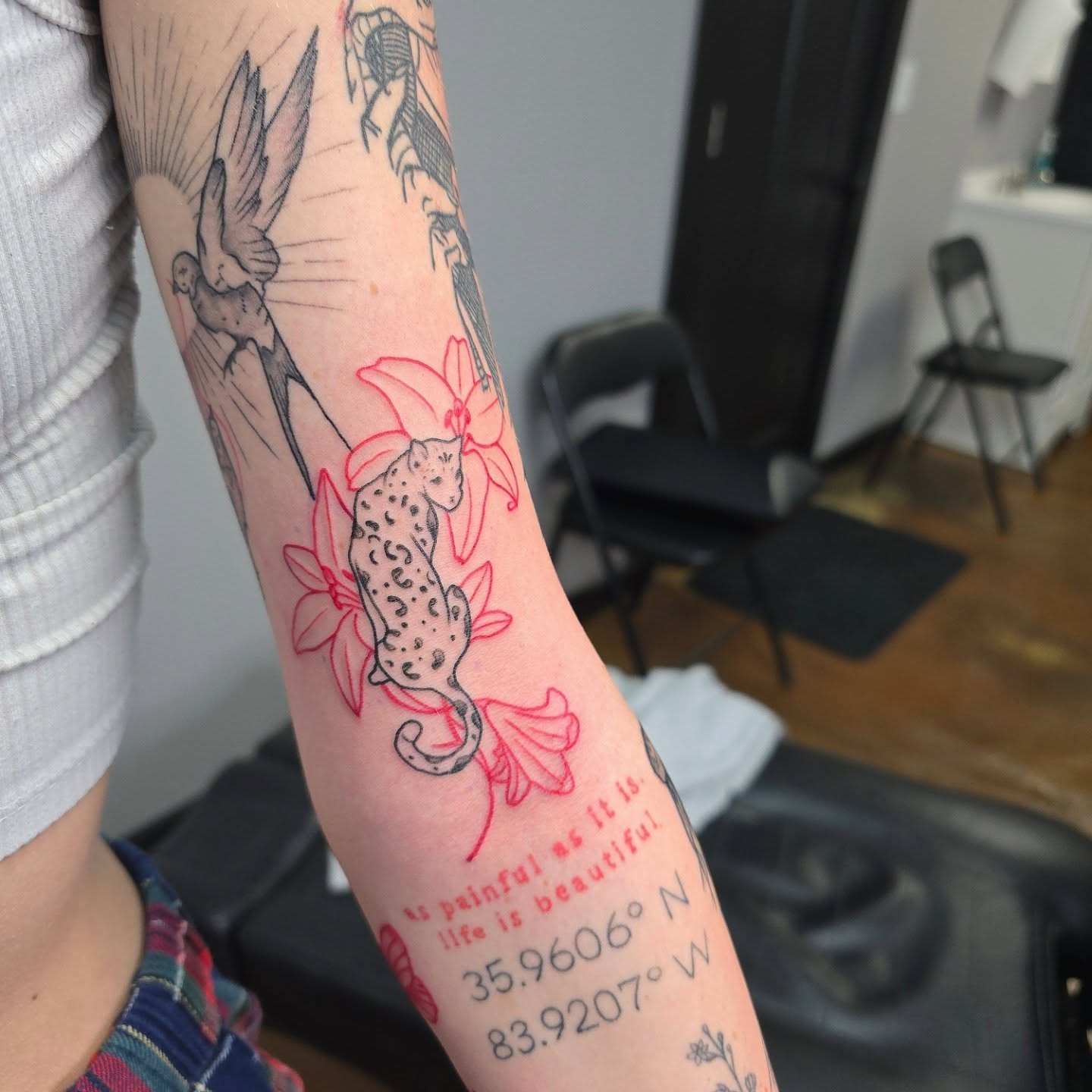 Leopard and flowers fine line tattoo on the forearm by Jon Griffin, Maryville, Tennessee