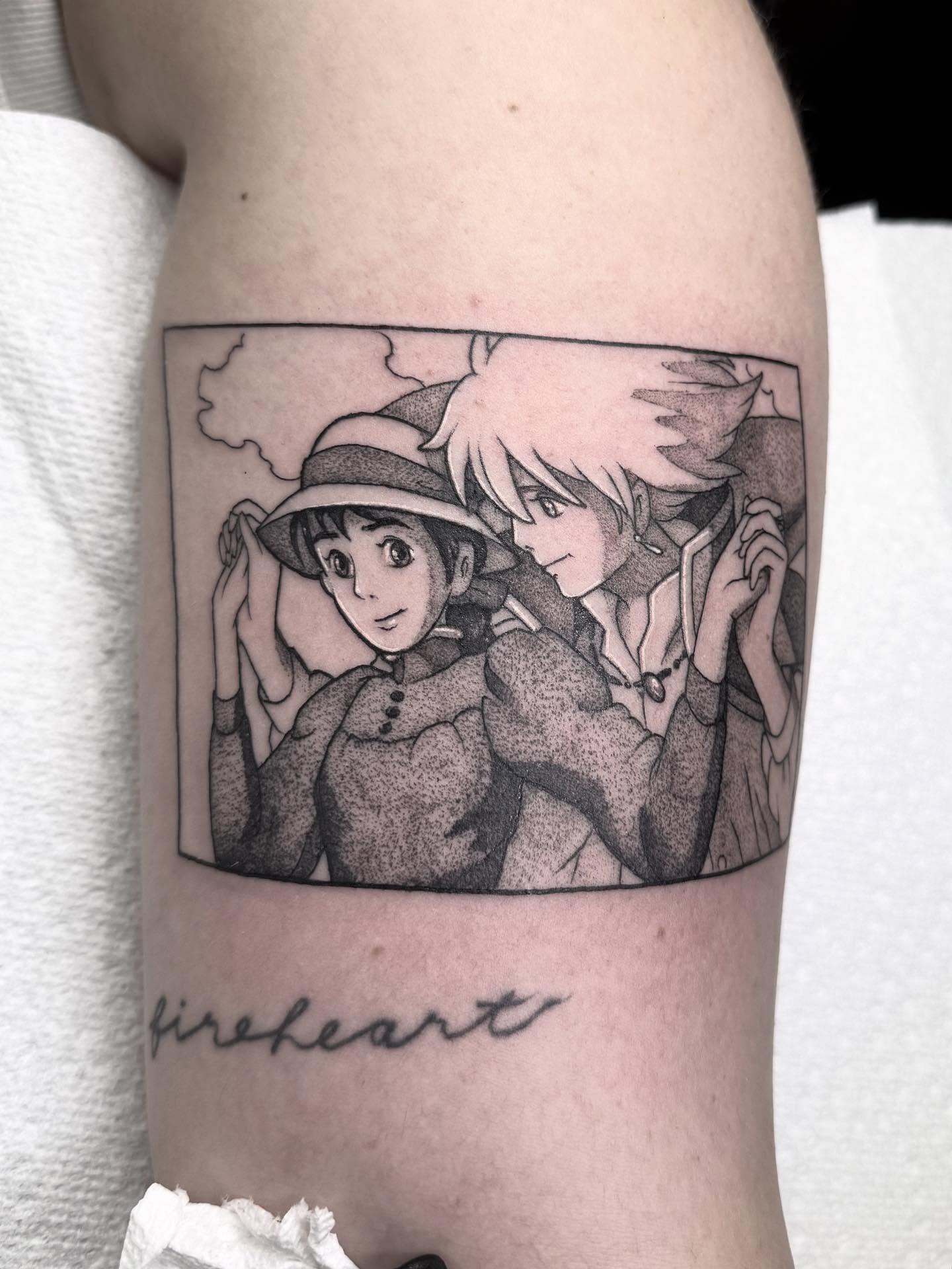 Anime characters dotwork tattoo on the thigh by Cincinnati