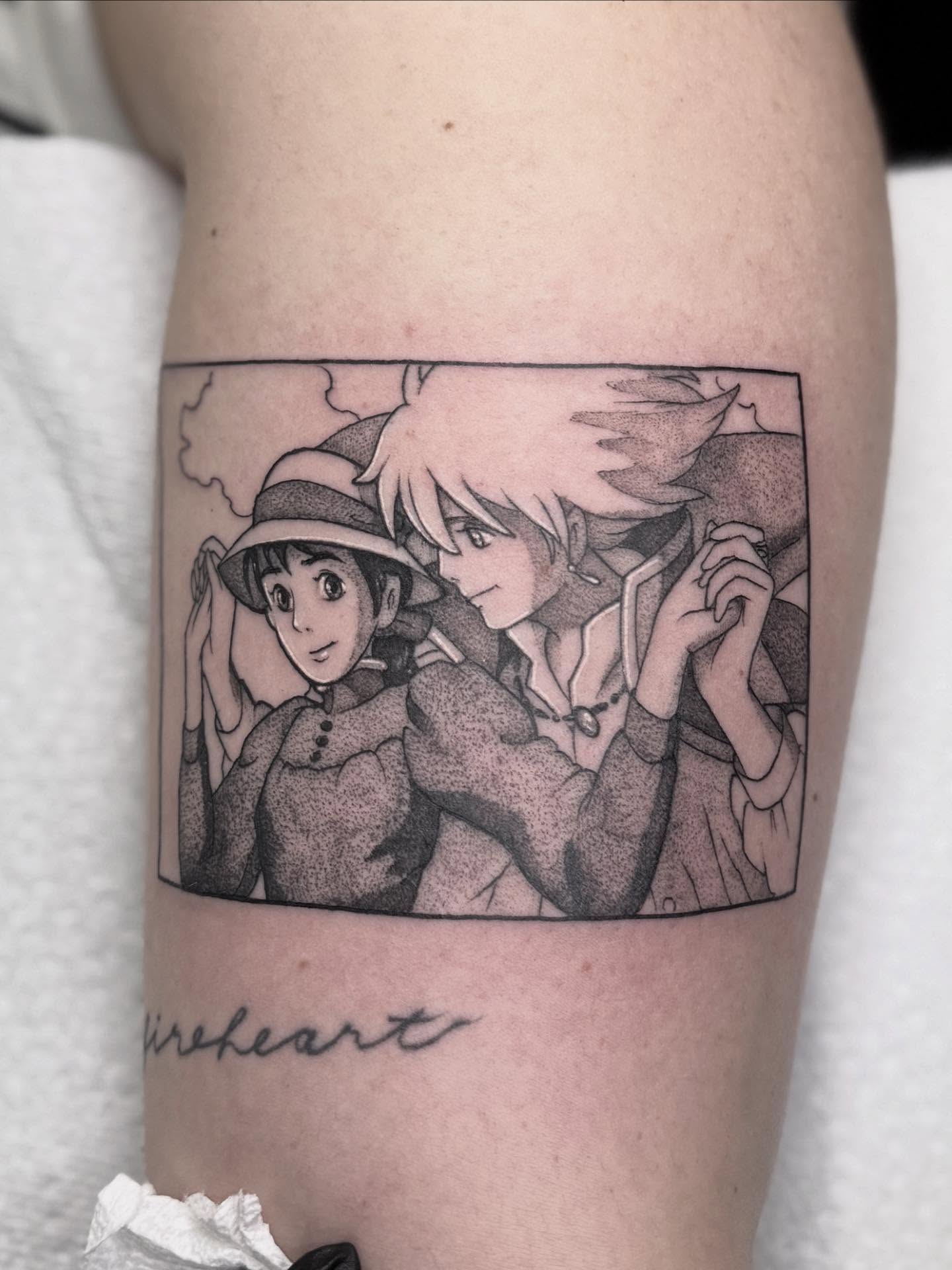 Anime characters dotwork tattoo on the thigh by Cincinnati