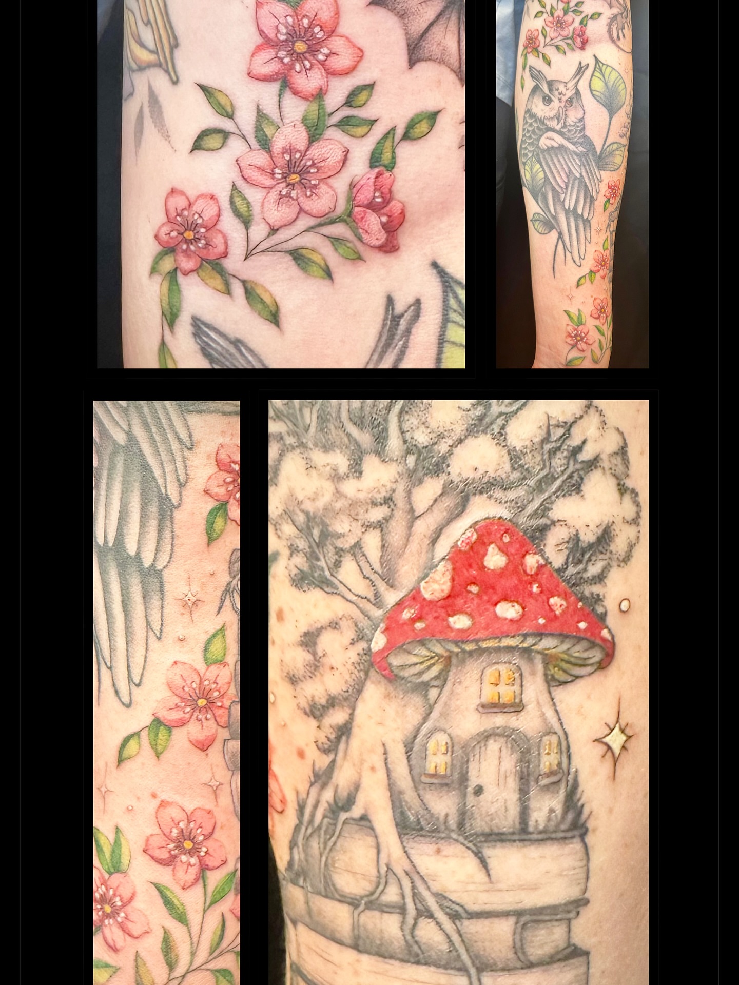 Mushroom house illustrative tattoo on the forearm by Maddie Morrill