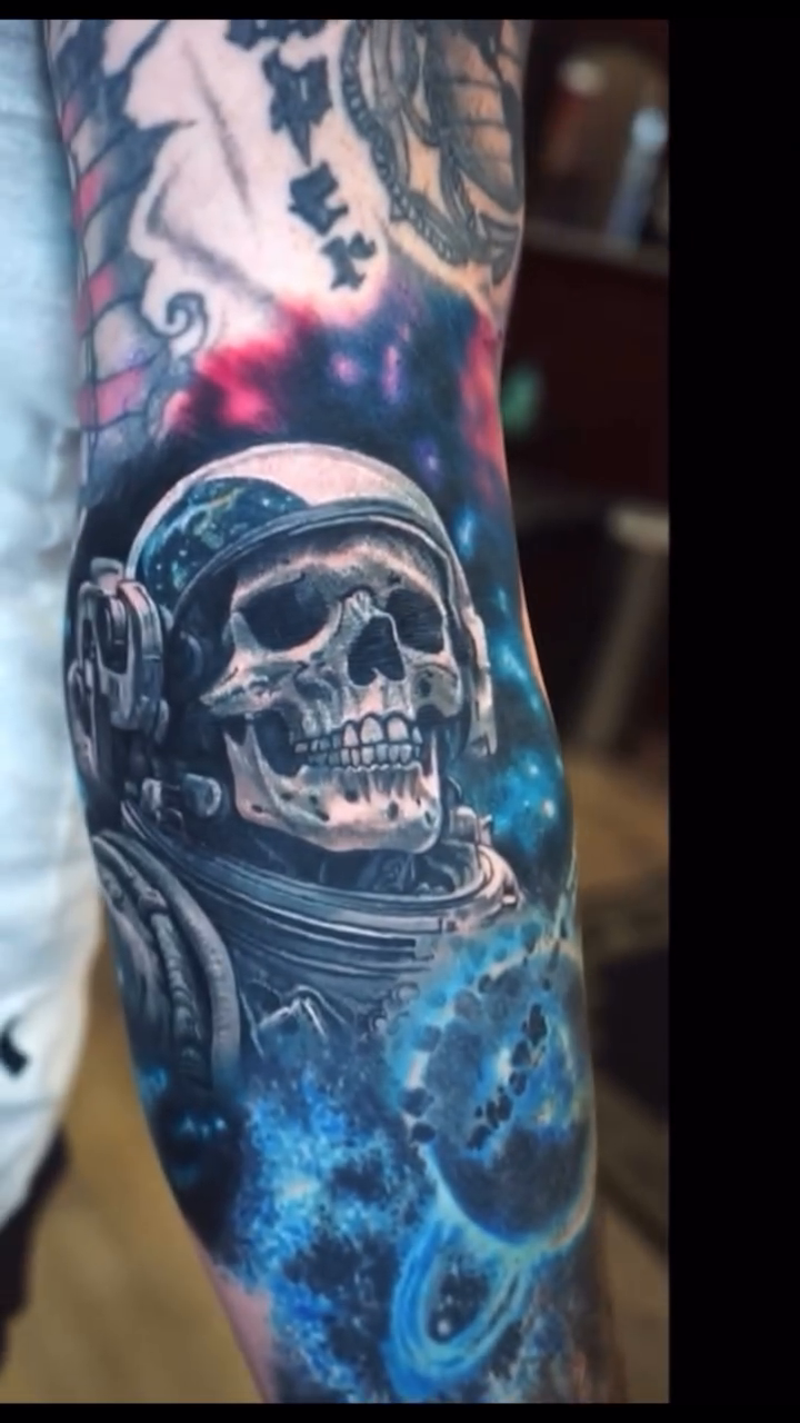 Astronaut skull realism tattoo by Tony Johnson - Tattoo Artist, Huntsville, Alabama