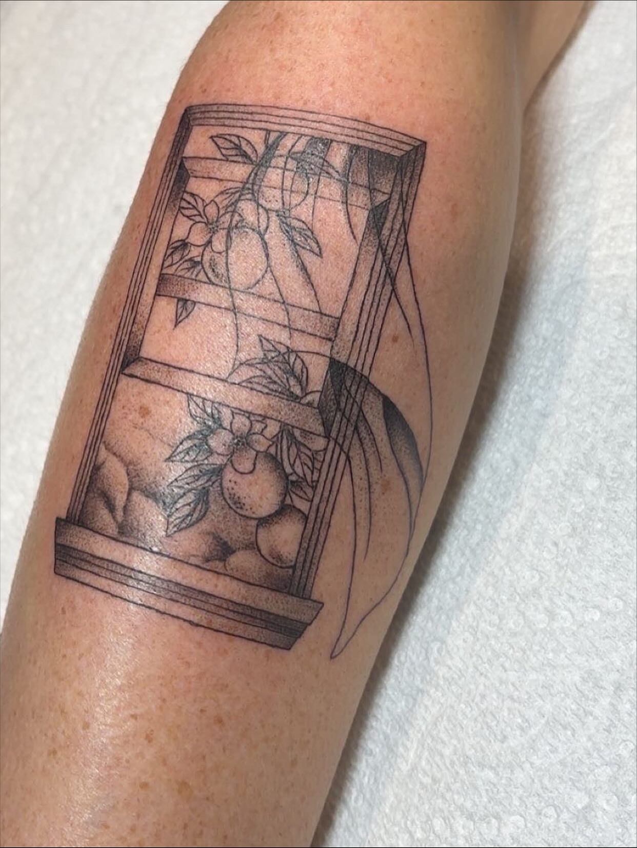 Window with fruit basket black and grey tattoo on the forearm by Molly Dixon