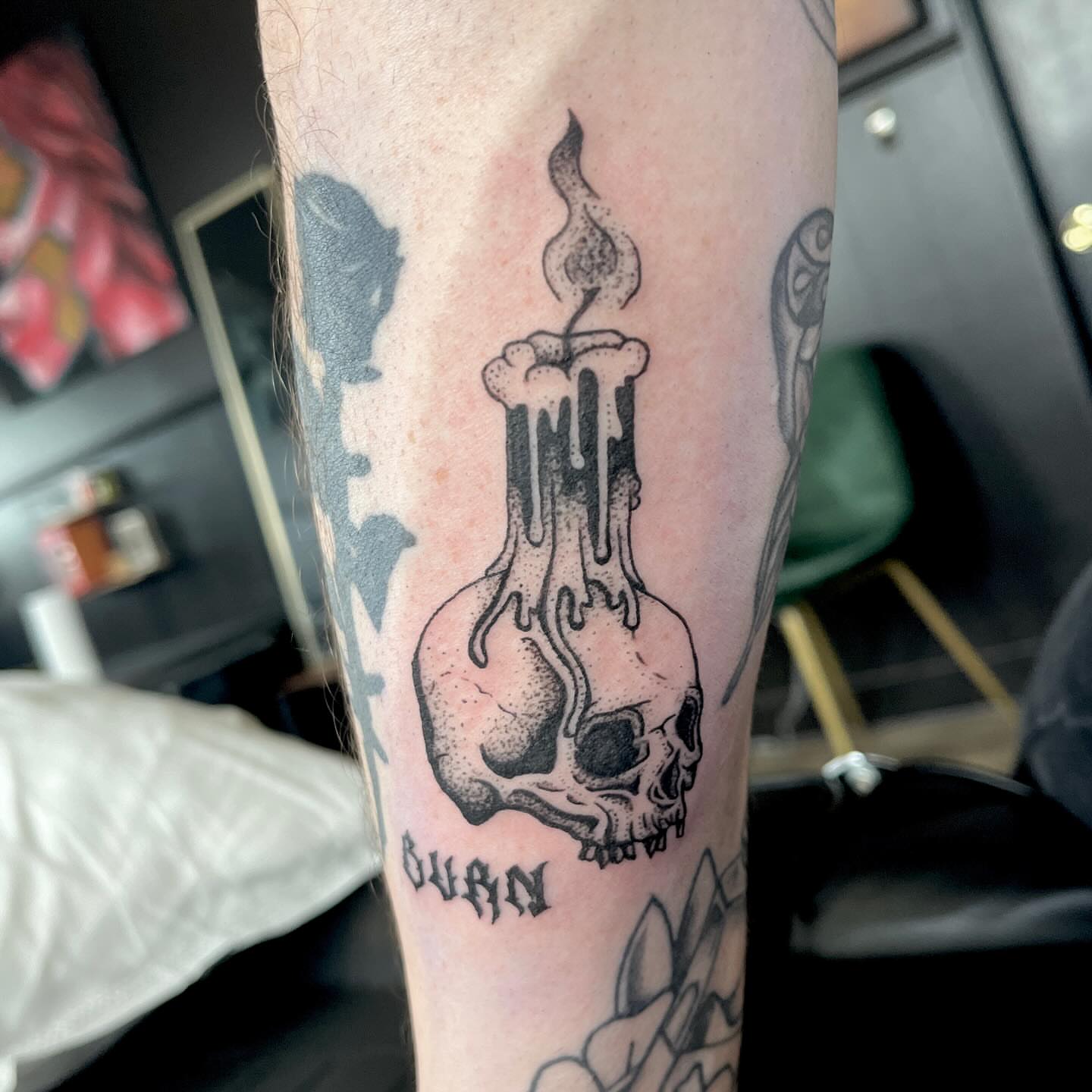 Tattoo by @sarahbellzebub — dotwork, black_and_grey