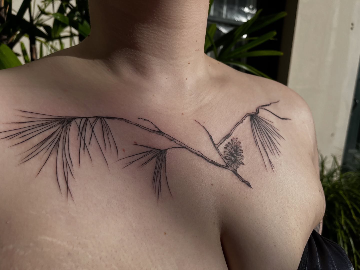 Pine branch black and grey tattoo on the chest by Wes Rose-Moon