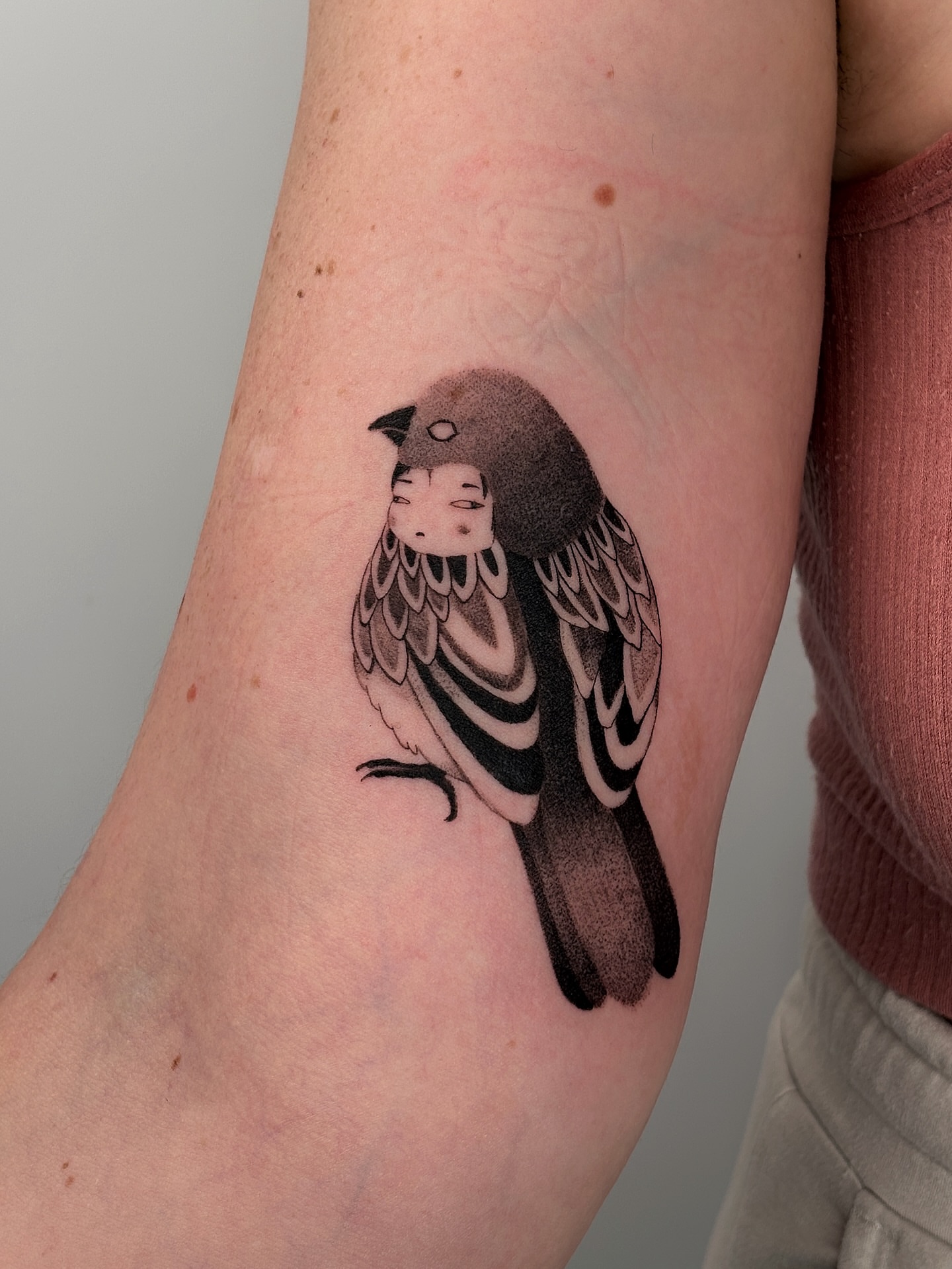 Bird dotwork tattoo on the forearm by sago, Berkeley, California