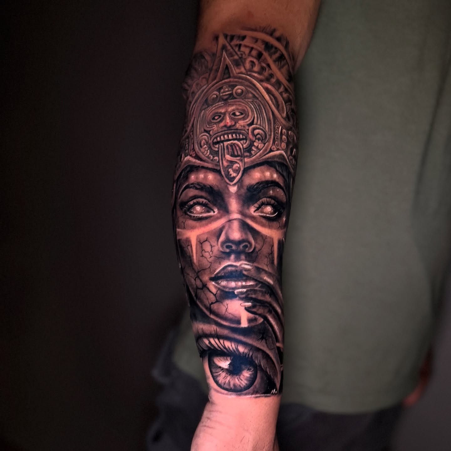 Ancient warrior realism tattoo on the forearm by Sergio Ramirez