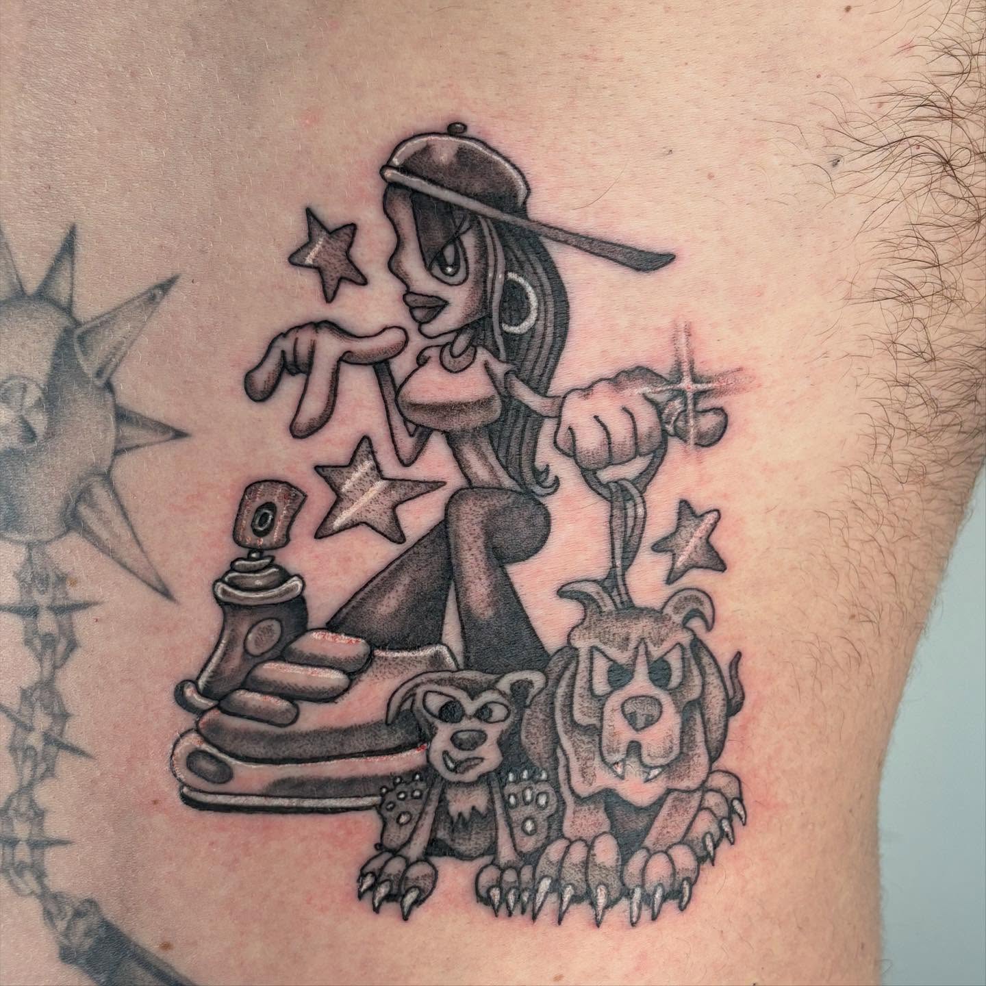 Girl with roller skates black and grey tattoo on the thigh by Brendan Smith