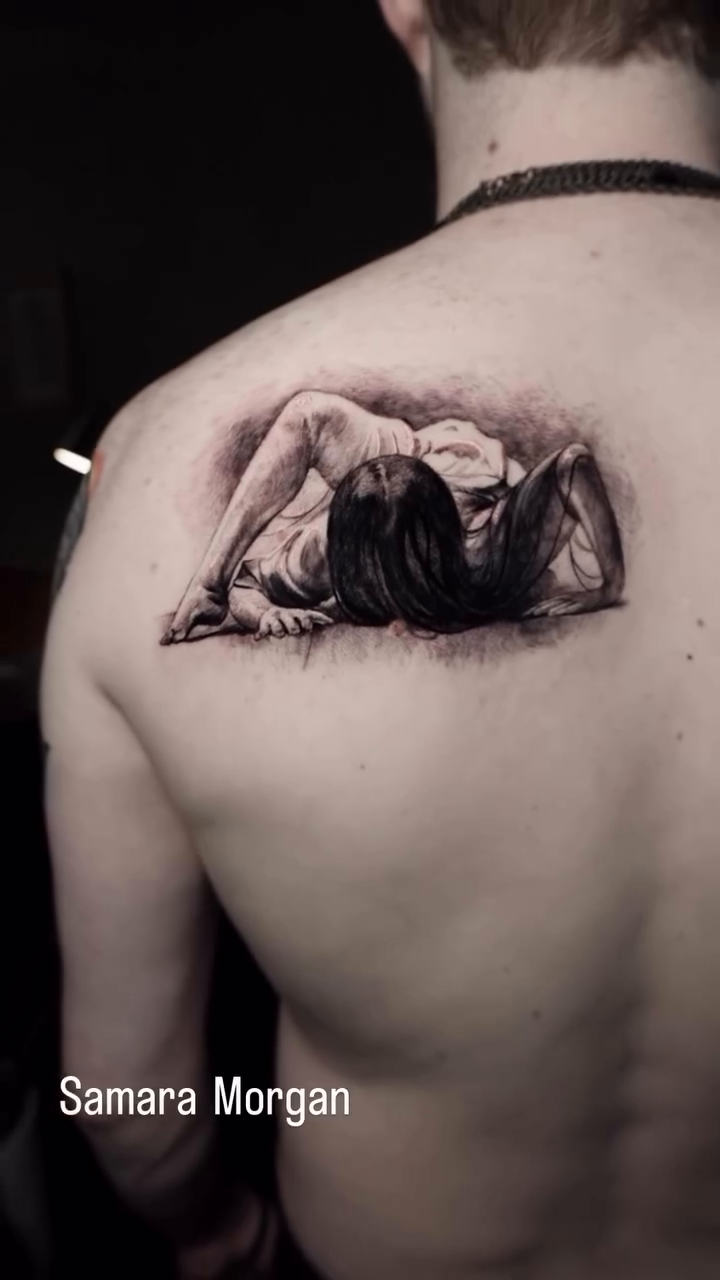 Woman in distress dark realism tattoo by Anna Chernova, San Francisco, California