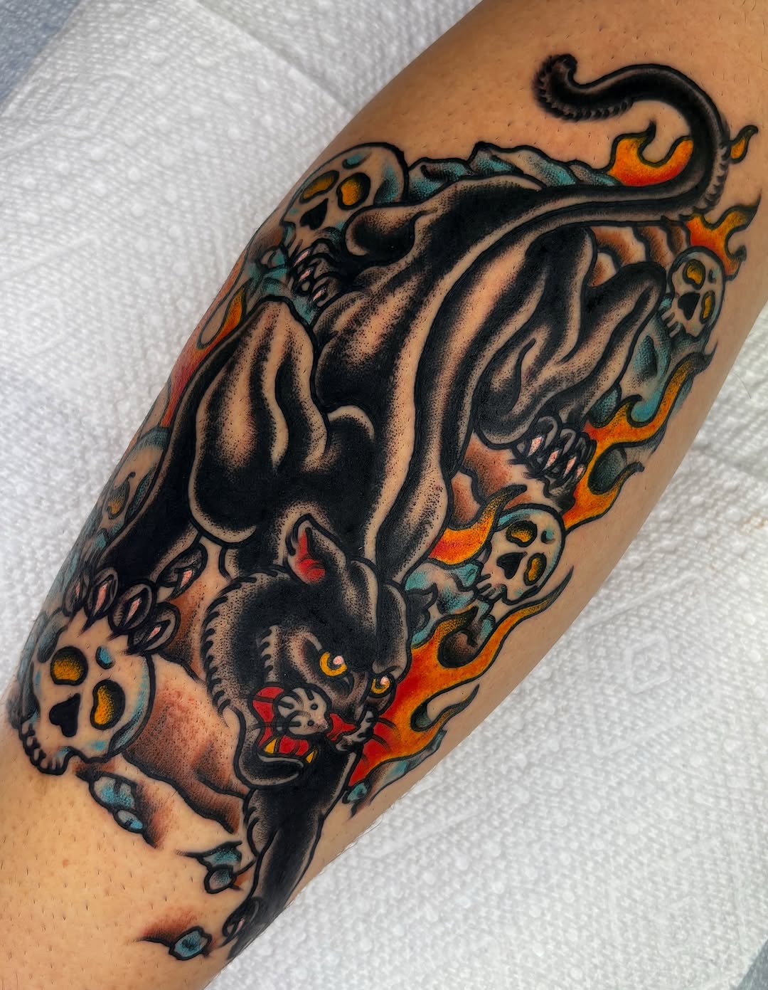 Panther and skulls realism tattoo on the forearm by ✨ Gabi ✨