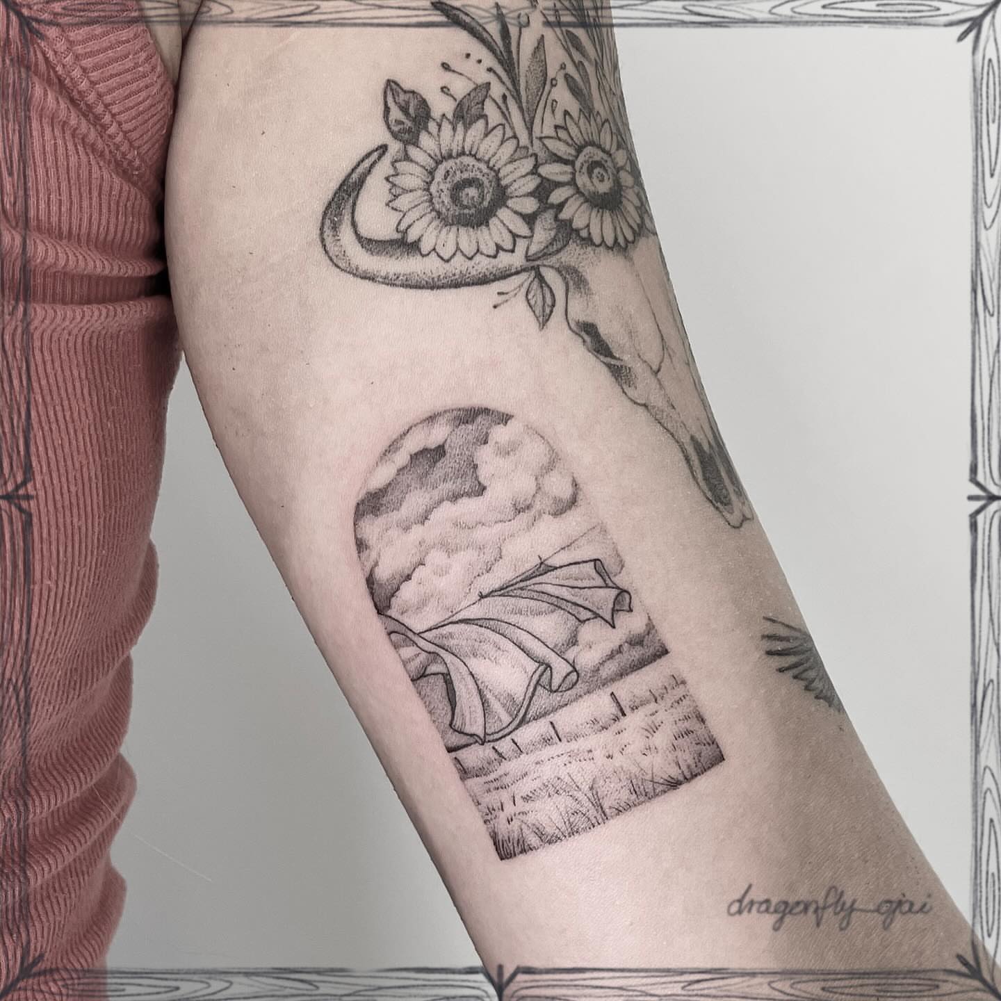Tattoo by @dragonfly_ajja — dotwork, black_and_grey