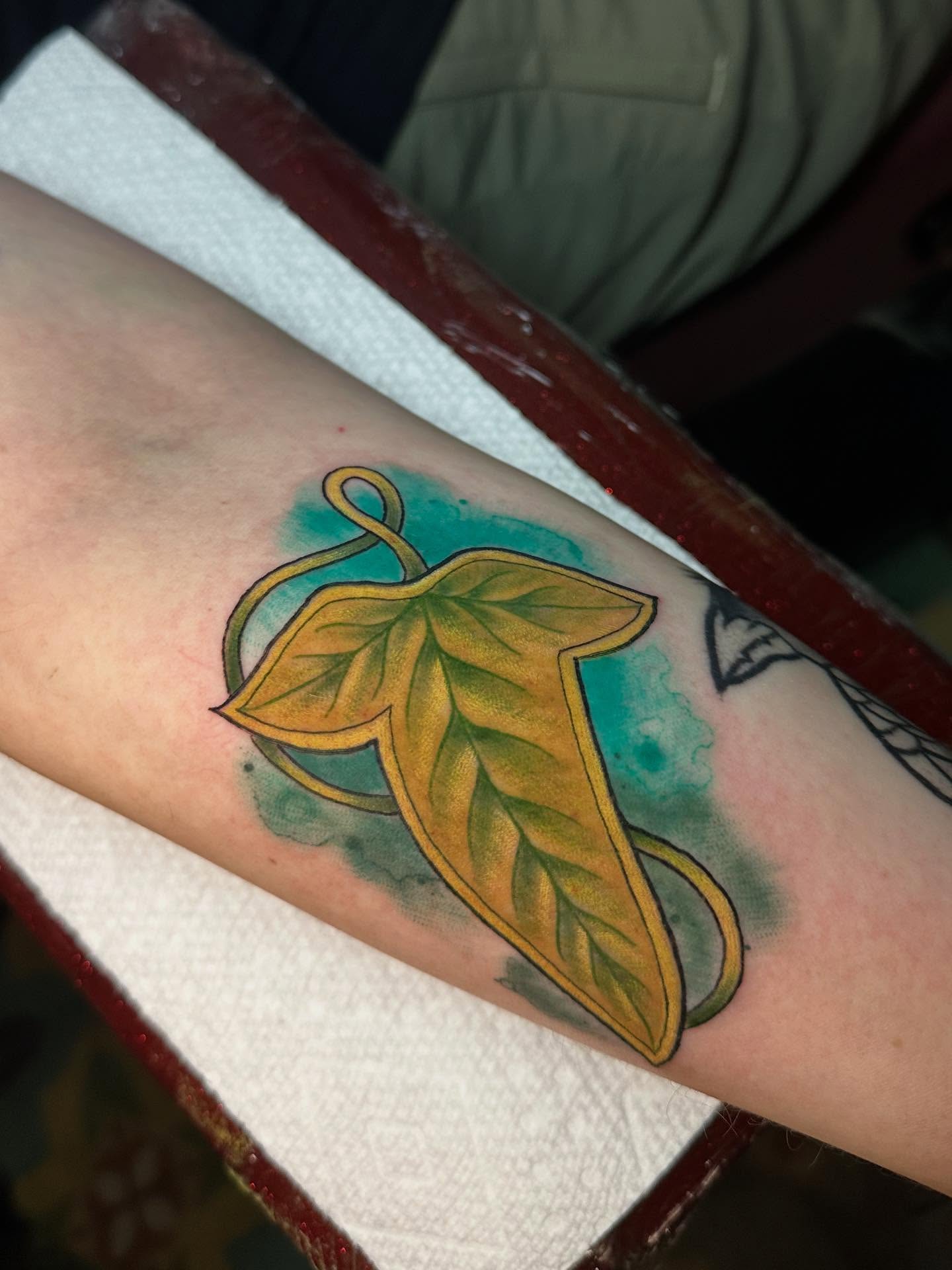Leaf dotwork tattoo on the forearm by Heather Tattoos Danvers MA