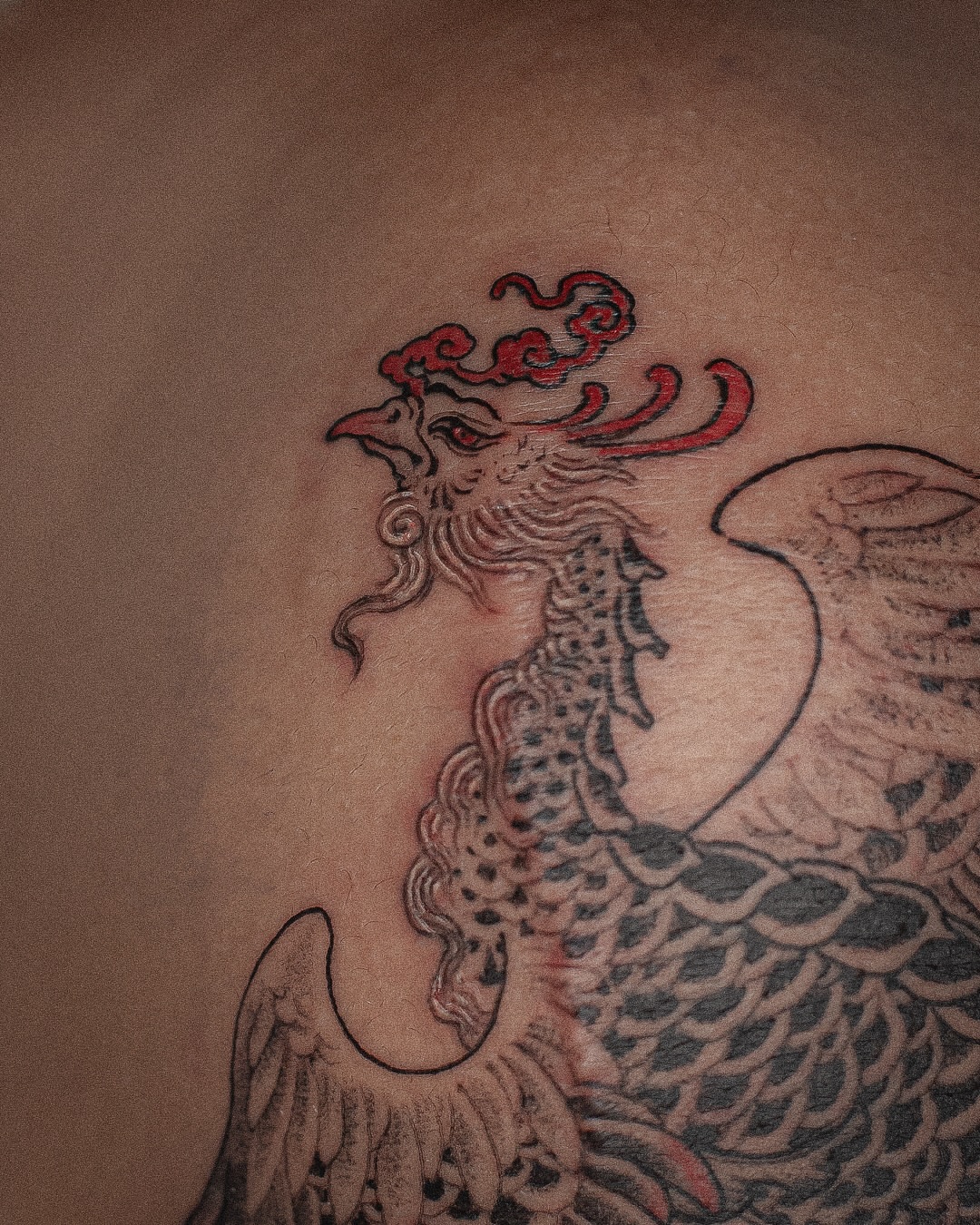 Phoenix black and grey tattoo on the back by 홍대타투
