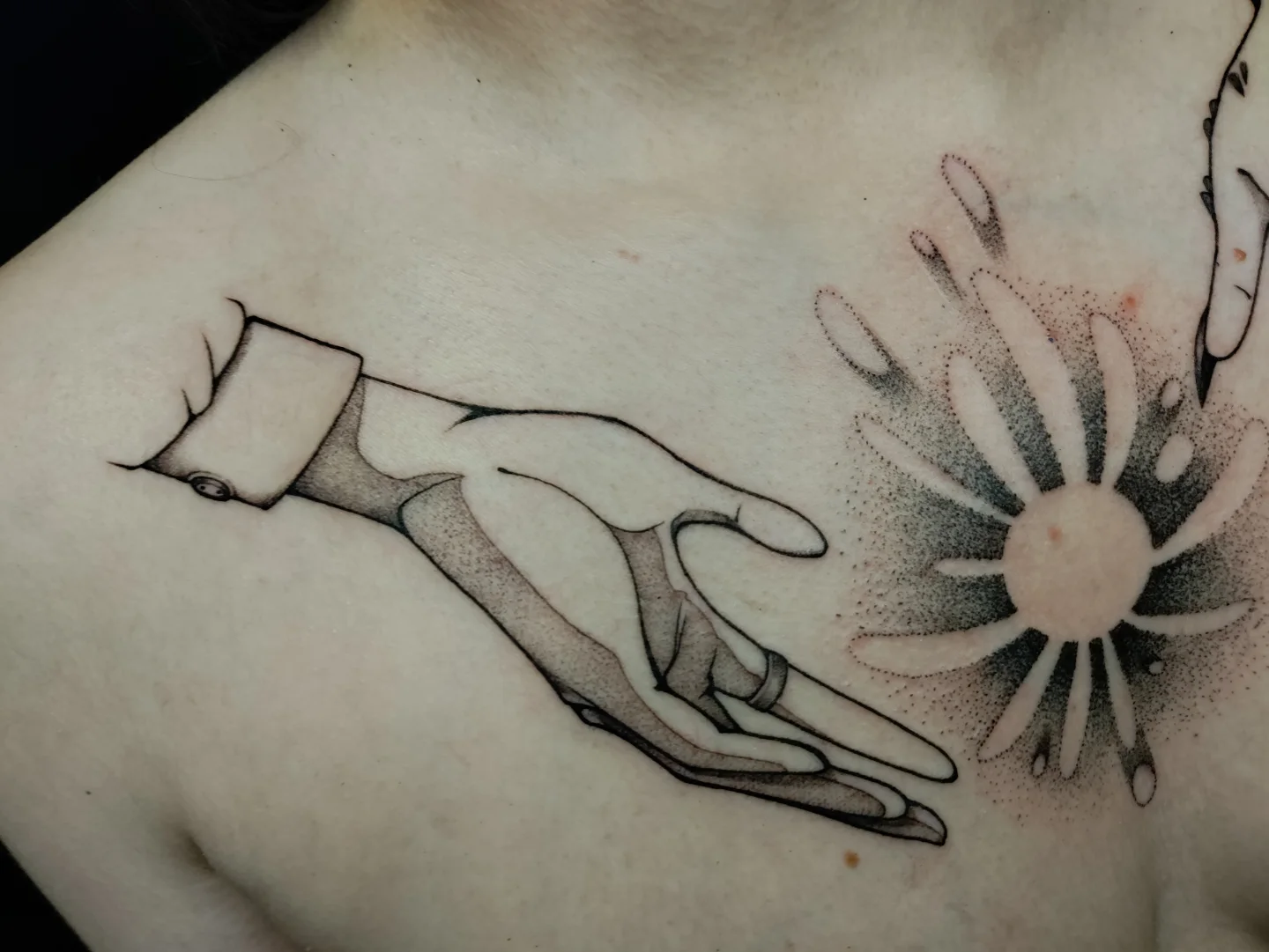 Tattoo by @harvest_moon_tattoos — dotwork, realism