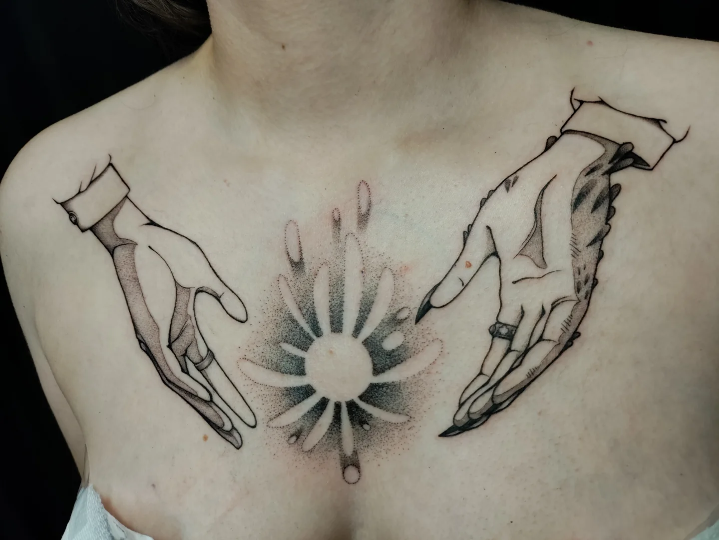 Tattoo by @harvest_moon_tattoos — dotwork, black_and_grey