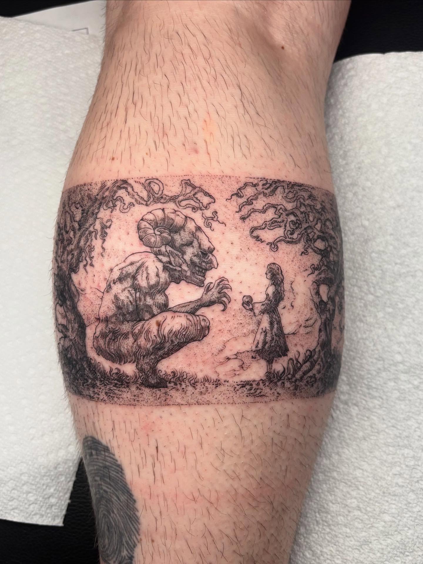 Monster and girl realism tattoo on the forearm by joely