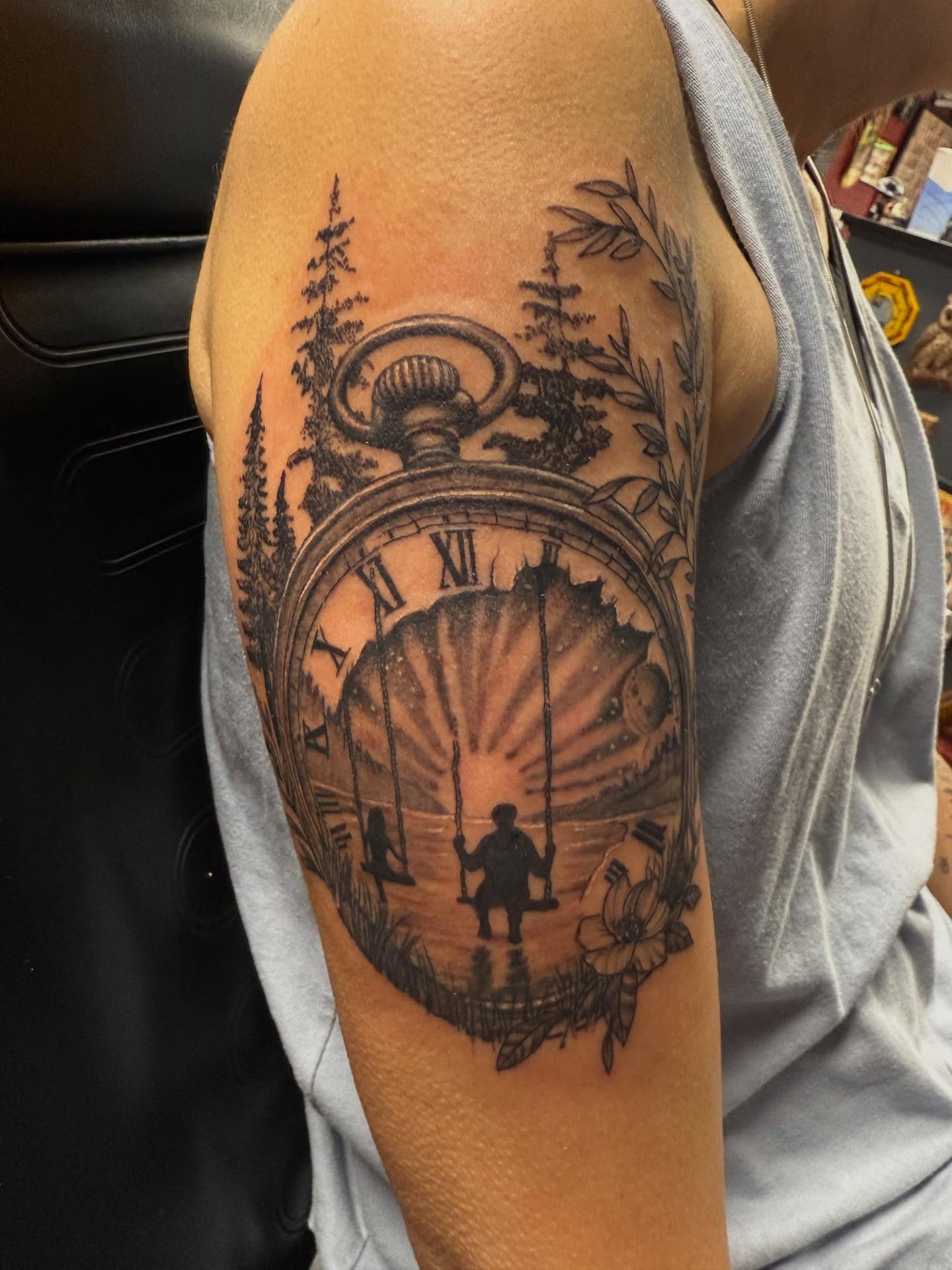Clock with swing realism tattoo on the forearm by Matthew Humphrey, Pawcatuck, Connecticut