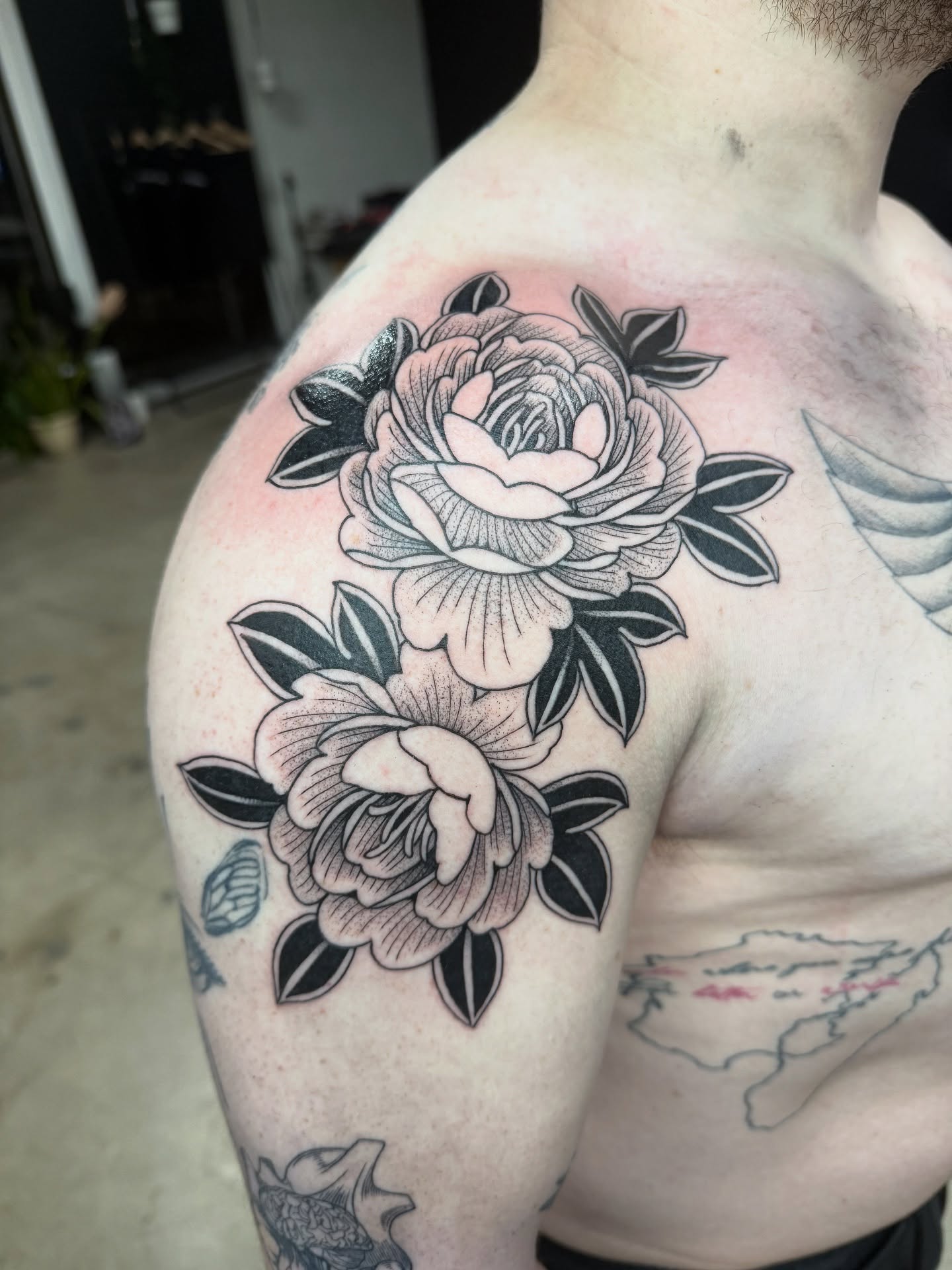 Peony flowers black and grey tattoo on the shoulder by 🥀michael Ta 🥀