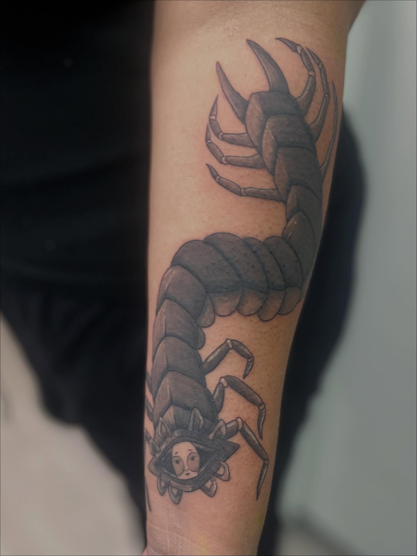 Scorpion black and grey tattoo on the forearm by Kevin, Las Vegas, Nevada