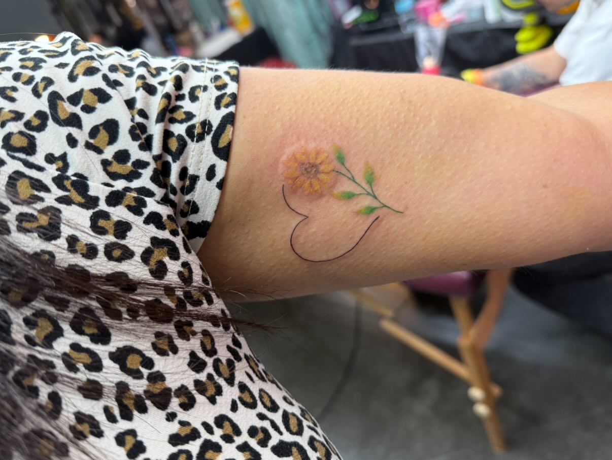 Sunflower dotwork tattoo on the forearm by Brandie Caroline, Somers Point, New Jersey