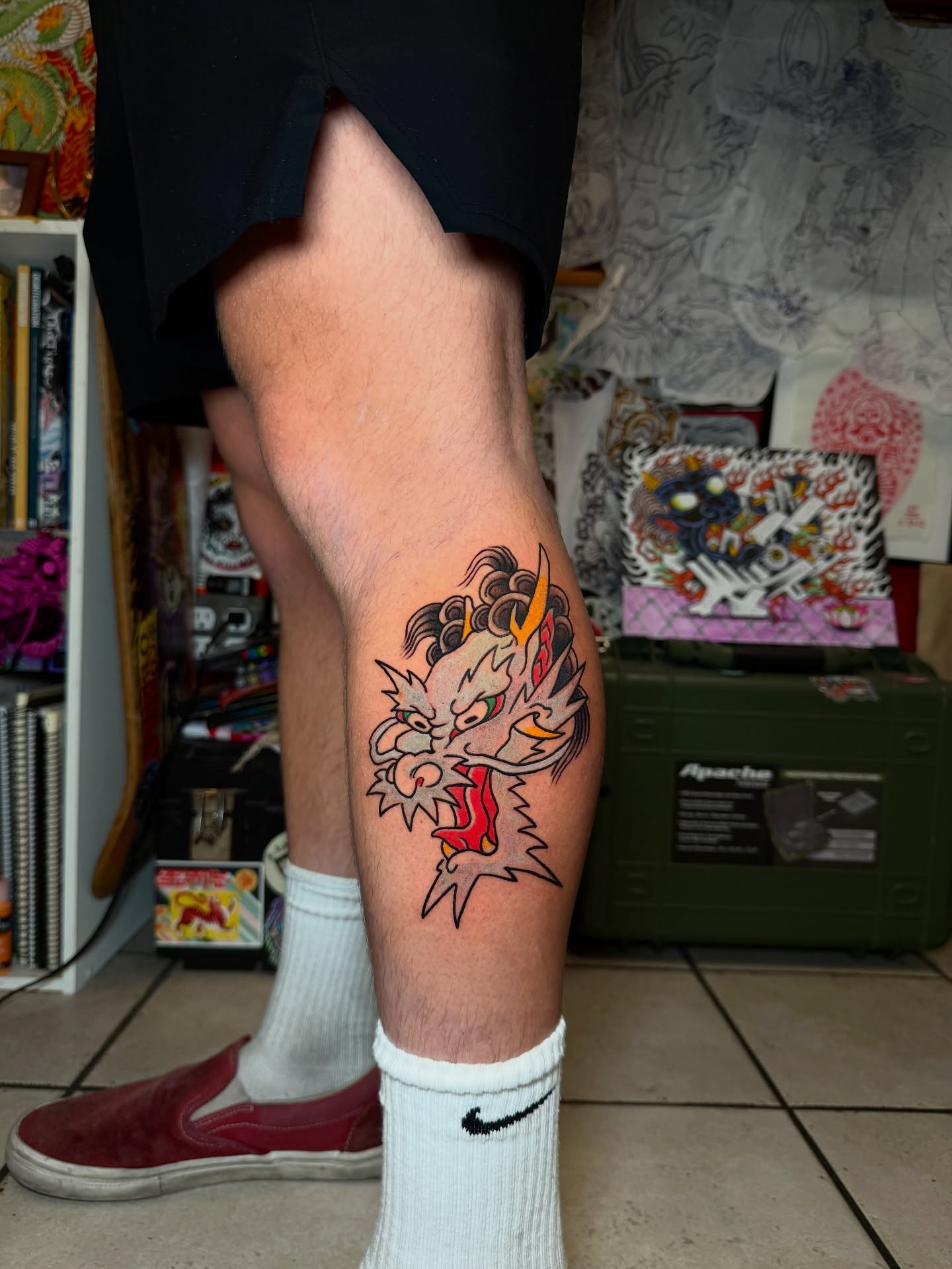 Lion American traditional tattoo on the thigh by Tattoo Artist Los Angeles