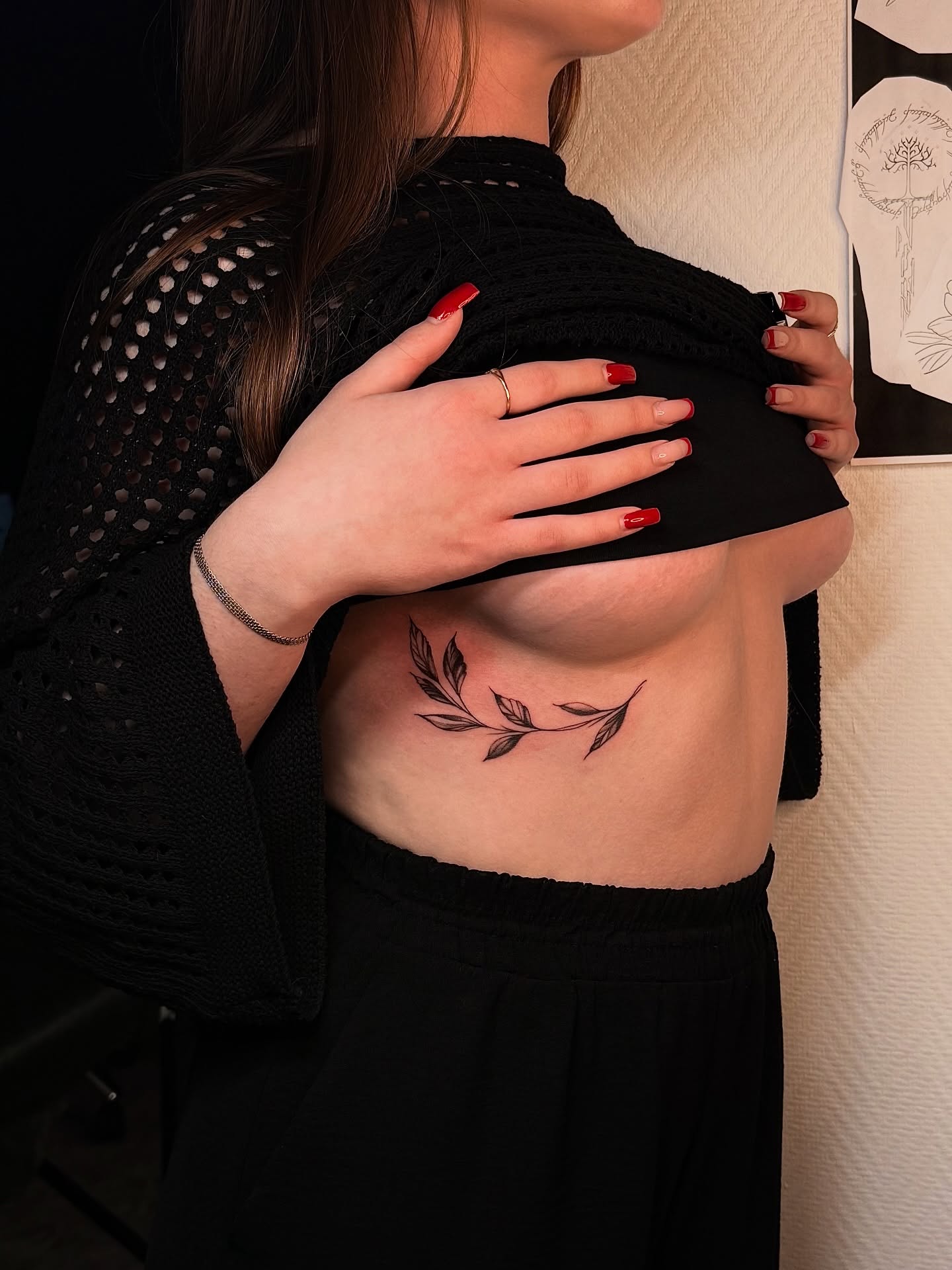 Branch black and grey tattoo on the ribs by Виктория Лукьянова